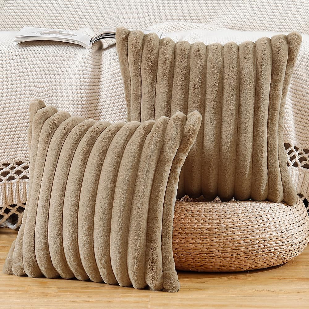 MADIZZ Set of 2 Faux Wool Plush Decorative Throw Pillow Covers 20x20 Inch Brown Fluffy Striped Soft Decorative Cushion Cover for Sofa Bedroom Pillow Shell
