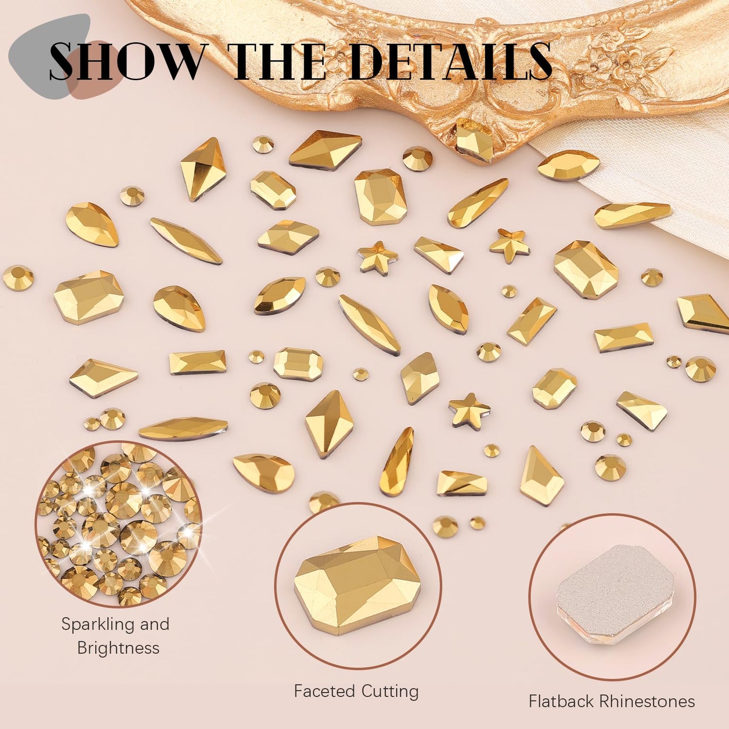 3220Pcs Mineral Gold Glass Nail Rhinestones 120Pcs Multi Shapes Flatback Gems Crystal + 3100Pcs 1.5-4mm Round Beads, Manicure Diomand Jewelry Gemstones for Nail Design Makeup Acrylic Nails Decoration