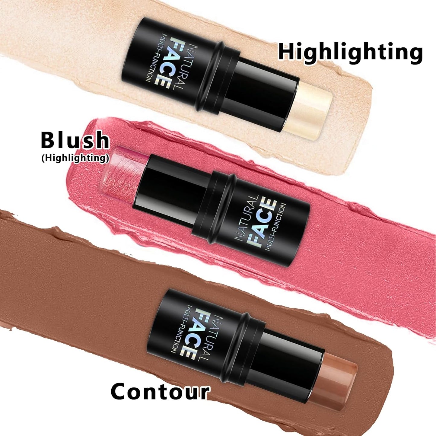 3Pcs Cream Contour Stick Makeup Kit, Shades with Highlighter, Blush and Bronzer Contour Stick for Sculpt the Cheeks, Long Lasting, Waterproof, Matte & Dewy Finish LIGHT(1+3+4)