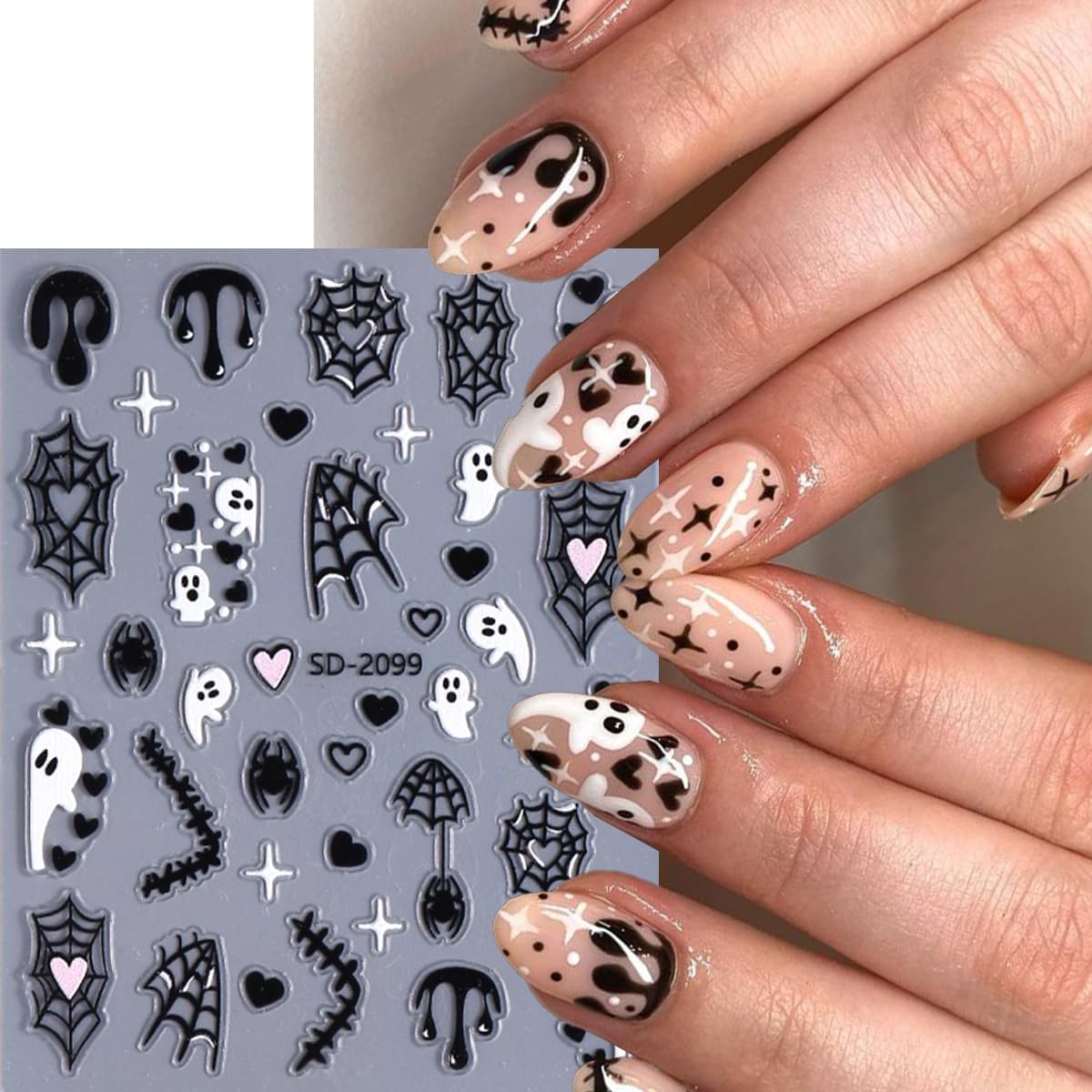 4 Sheets Halloween Nail Stickers Spider Nail Decals Bat Nail Art Stickers Spider Web White Ghost Black Heart Design Star Moon Nail Sticker for Nail Art Decor Scared Manicure Accessories for Women