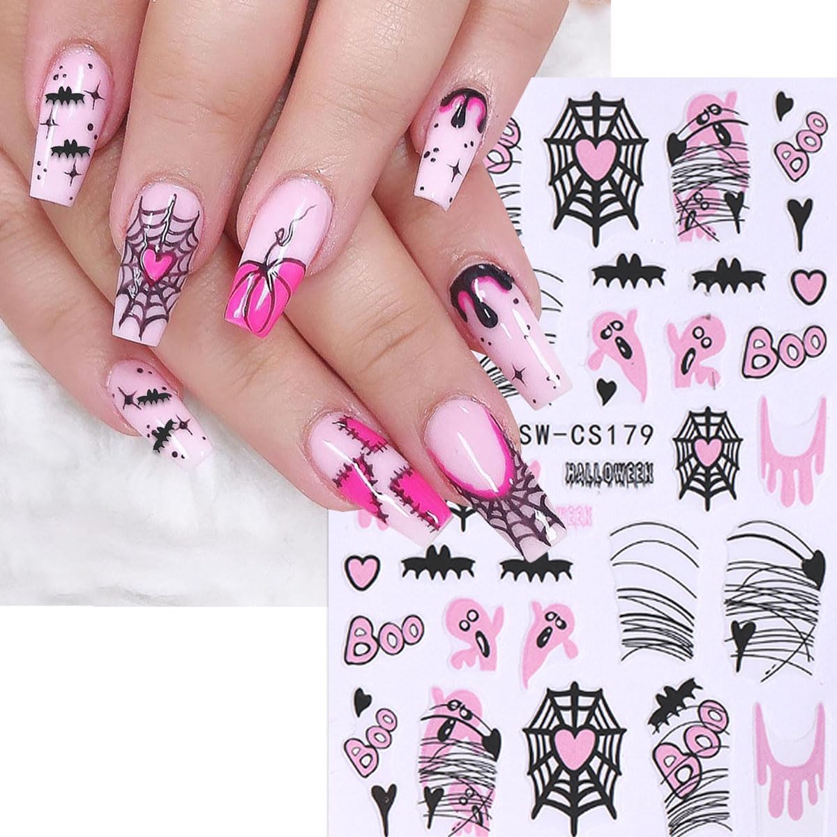 6 Sheets Halloween Nail Stickers Spider Web Nail Art Stickers Ghost Nail Decals Black Pink Red Bat Heart Boo Design Pumpkin Nail Sticker for Nail Art for Women DIY Holiday Salon Manicure