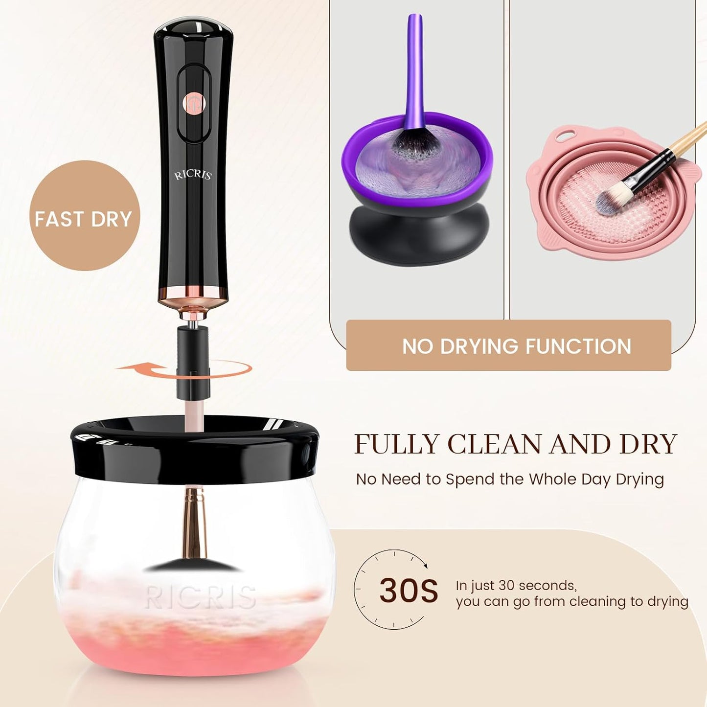 Electric Makeup Brush Cleaner and Dryer Machine - Super Fast Clean and Dry Make Up Brushes - Automatic Cosmetic Brush Spinner Washer Tools