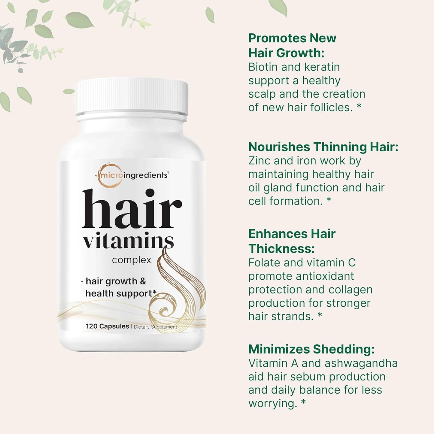 Micro Ingredients Hair Growth Vitamins for Women & Men, 120 Capsules | 14-in-1 Formula with Biotin, Collagen, Keratin, Saw Palmetto & More | Thicker, Fuller, Nourishes Thinning & Loss Hair Support