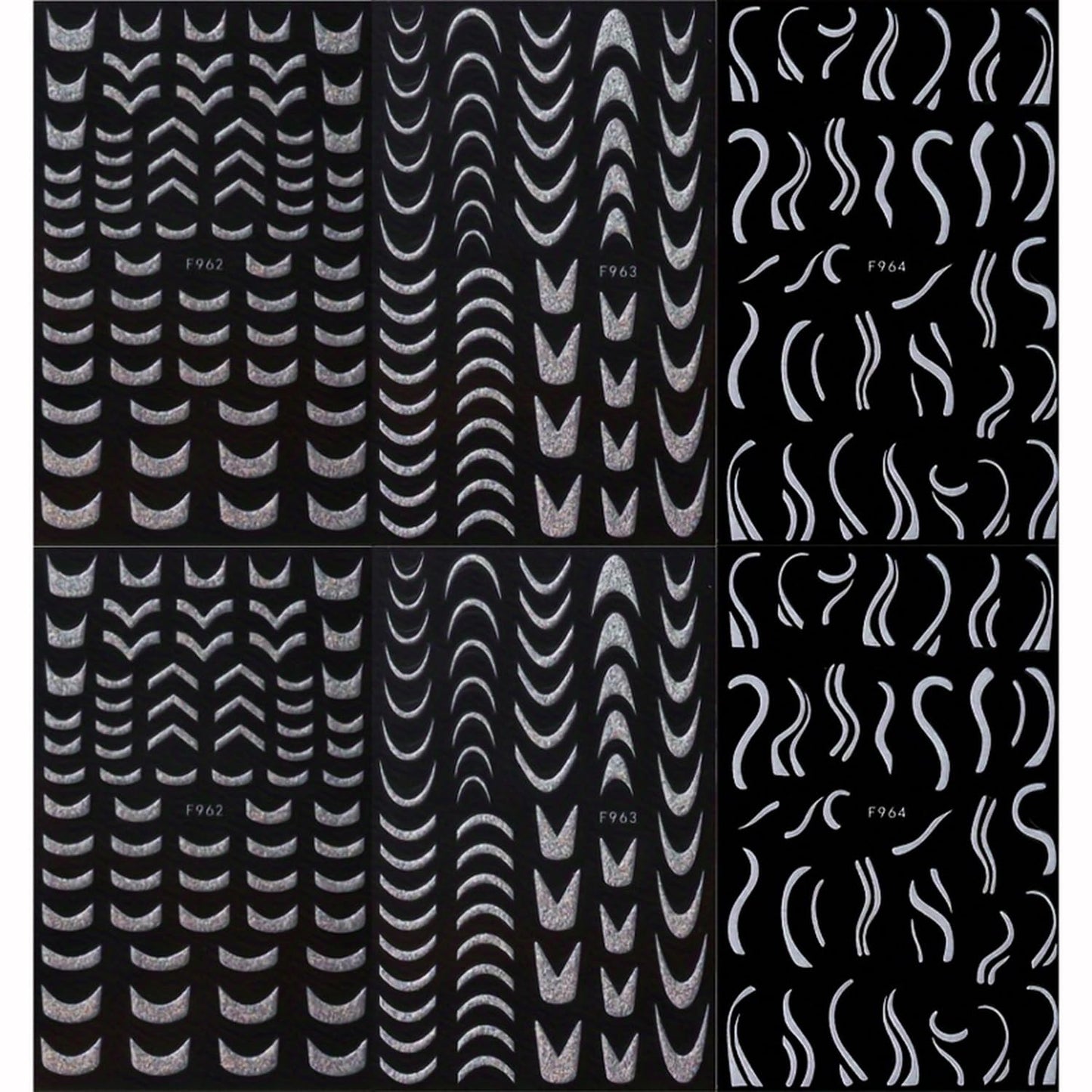 6 Sheets 3D Self-Adhesive French Tip Nail Art Stickers Decals Silver Glitter Nail Stickers Sparkly Nail Decorations Decals Curved Lines Nails Art Designs for Women DIY Nail Art Accessories