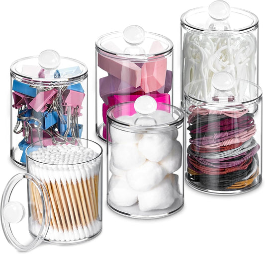 6 Pack Qtip Holder,Canister Apothecary Jar Set, Bathroom Jars with Lids Set for Cotton Swabs, Balls, Pads, Floss Picks,10oz-12oz Plastic Canisters Restroom Bedroom Vanity Organizer(Clear)