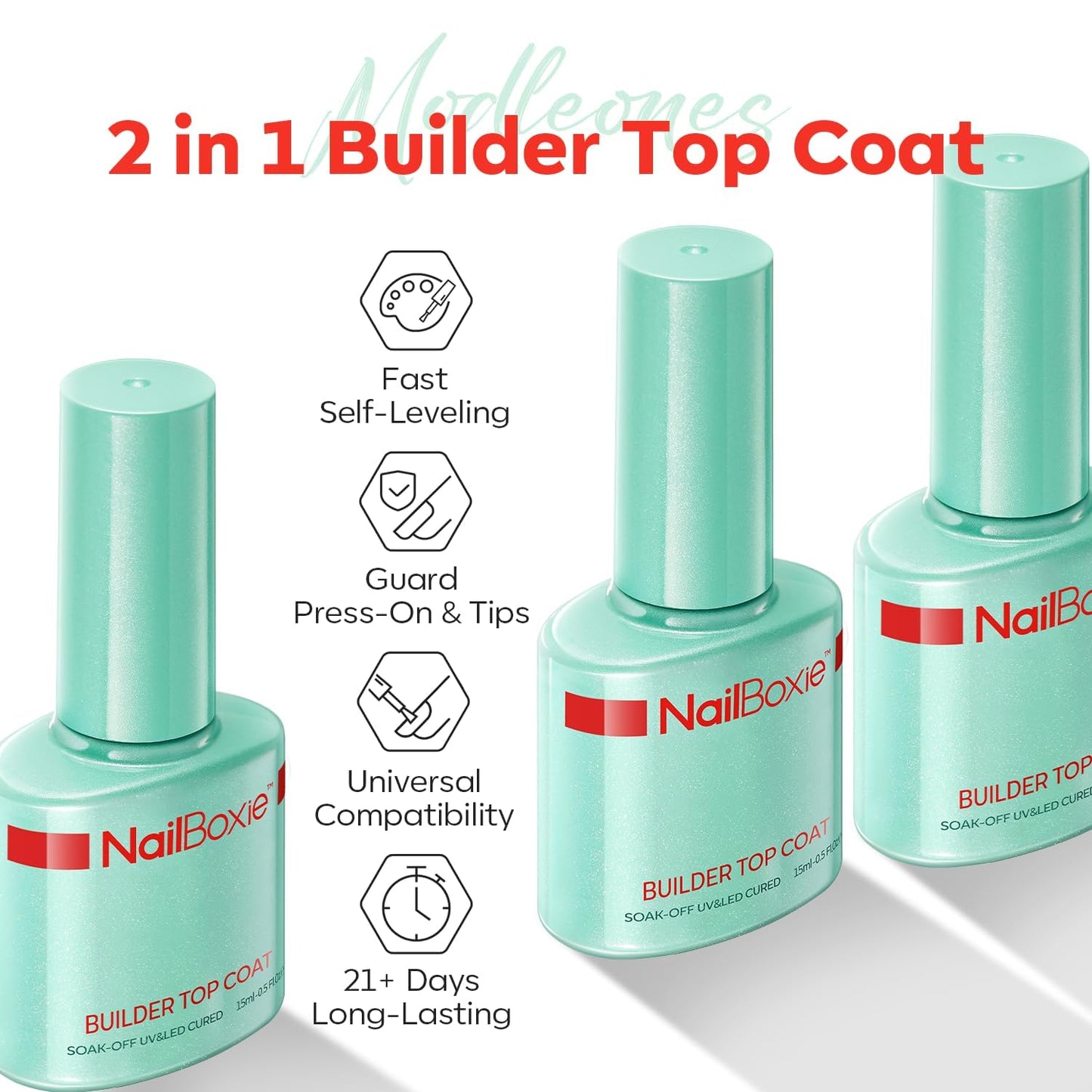 modelones Nail Builder Gel Top Coat, 2-in-One Clear Builder for Nails, LED Lamp Cured Top Coat Strengthener Glue Gel Polish in a Bottle for DIY Home Salon Gifts, 15ML