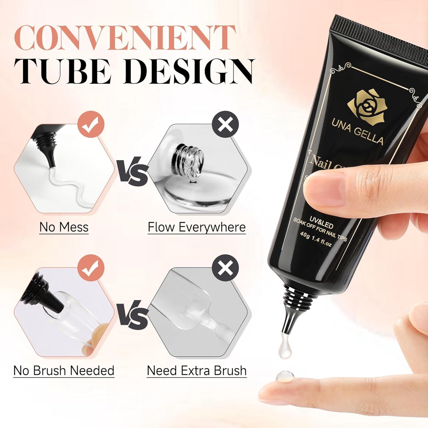 UNA GELLA Gel Nail Glue, Solid Nails Gl ue Gel 40ml Lamp Curing Needed Soak Off G LUE Strong Nail G LUE G el for Acrylic Fake Nails Tips Extension Press On Nails for Gelly Tips