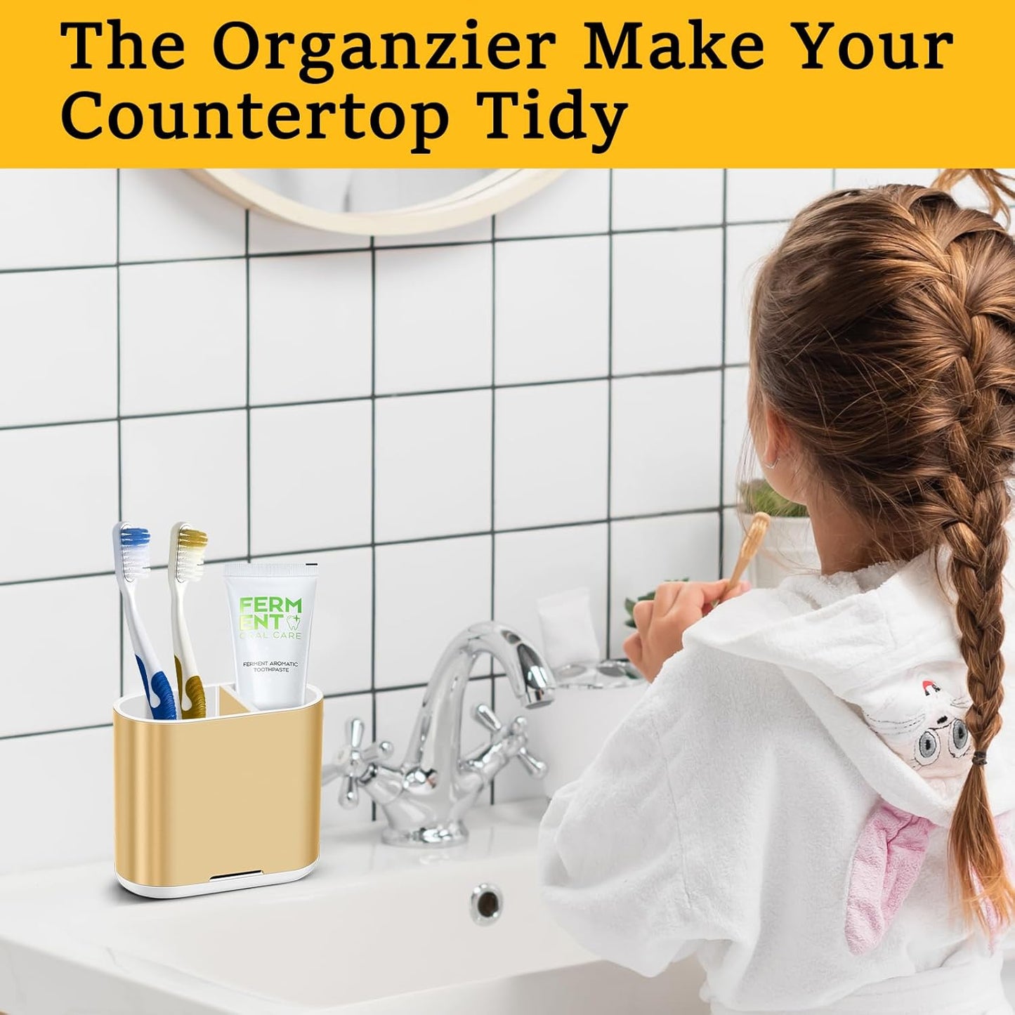 Chintu Toothbrush and Toothpaste Holder with Divider for Bathroom Countertop Organizer, Detachable for Easy Clean,Kids Electric Toothbrush Holders Storage Caddy for Family (Gold)