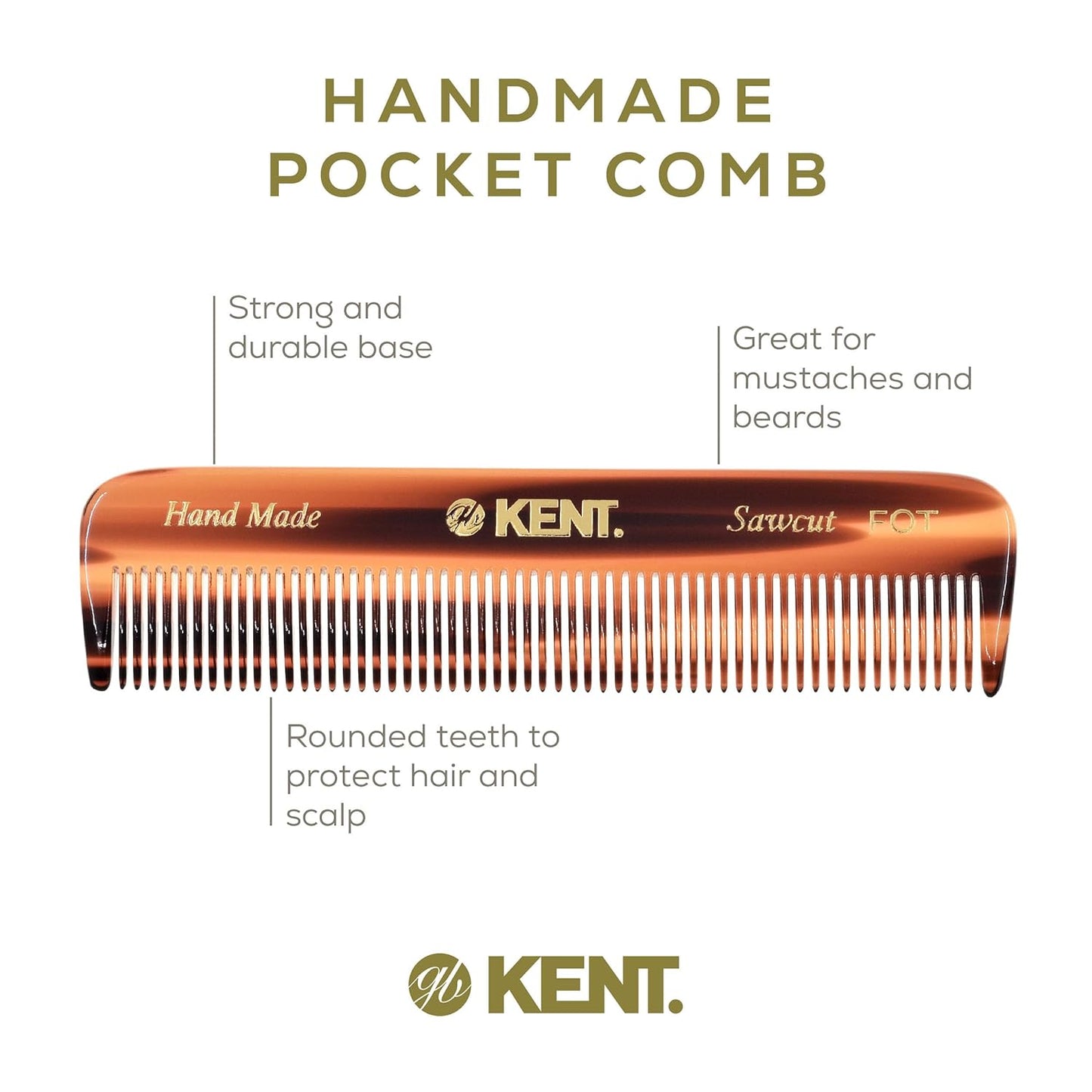 Kent A FOT Tortoise Fine Tooth Handmade Pocket Comb for Men, Women and Kids, Hair Comb Straightener for Everyday Grooming and Styling, Beard and Mustache, Saw Cut and Hand Polished, Made in England