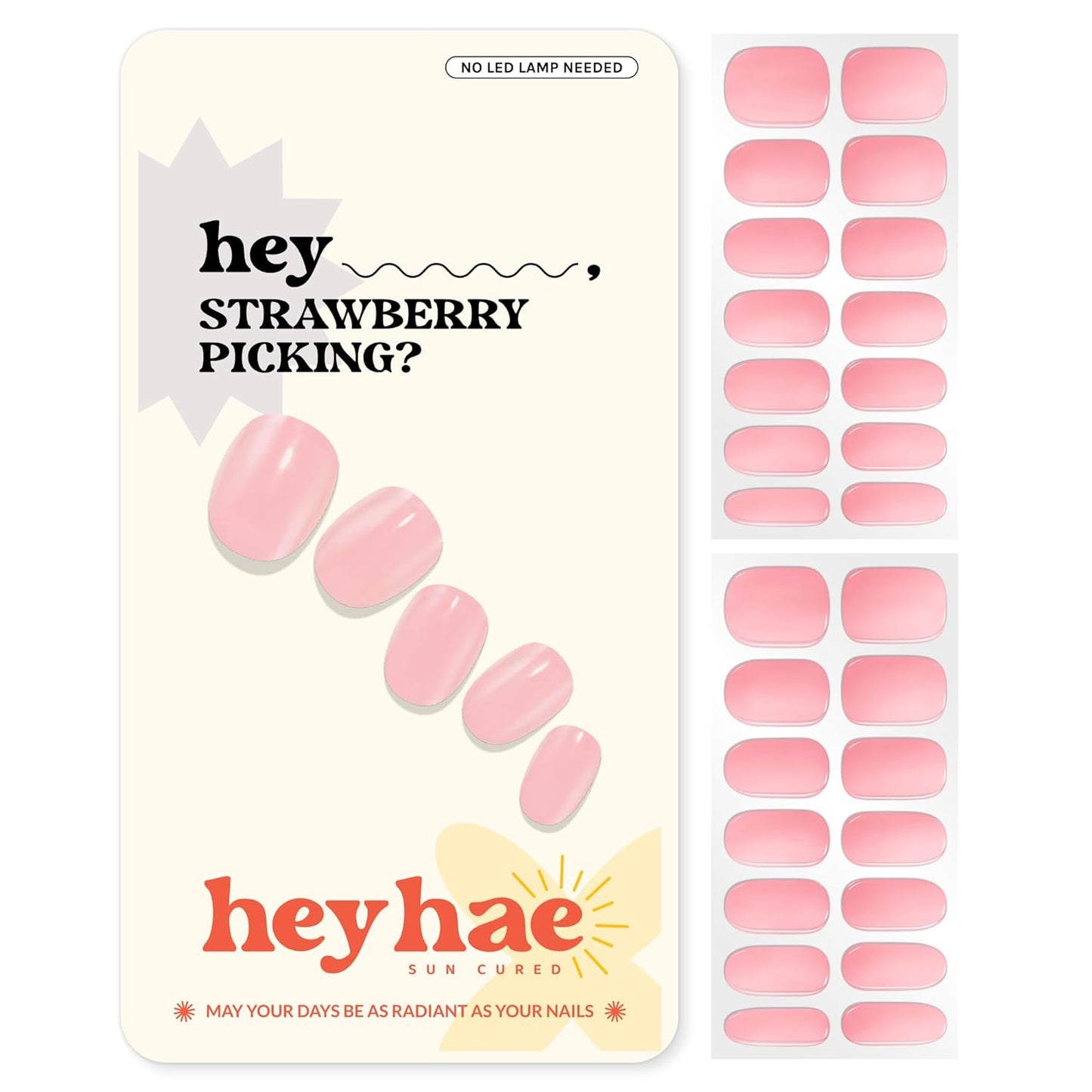 Semi Cured Gel Nail Strips | No LED Lamp Needed | Solid, Pink, Spring | Easy Apply & Remove, Salon Quality | Includes 28 Strips, 1 Prep Pads, Nail File & Wooden stick - Hey, Strawberry Picking?