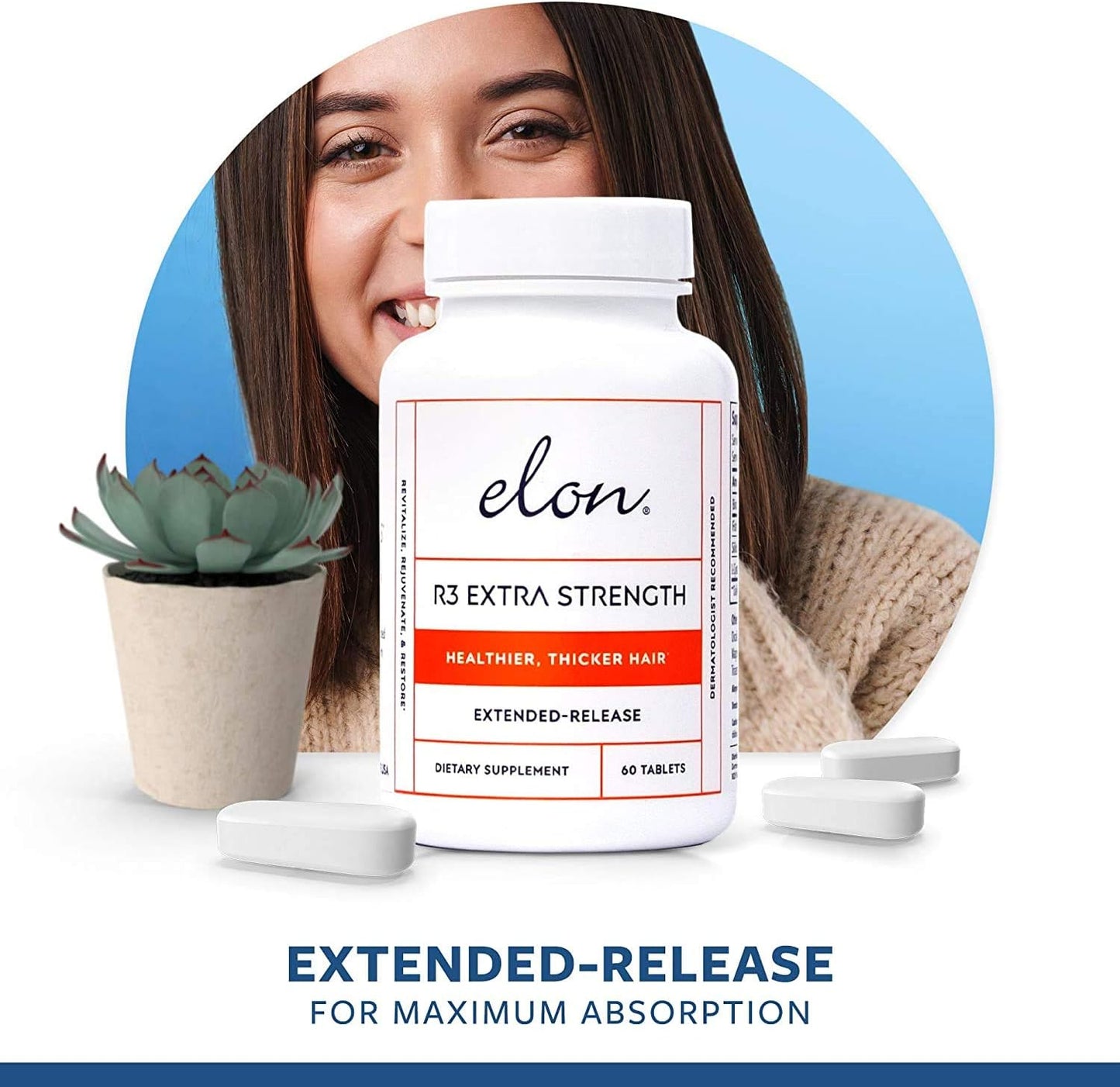Elon R3 Extra Strength for Hair Growth - Supplements for Women to Grow Thicker, Fuller Hair, Advanced Formula with 5000 mcg Biotin Per Serving & Collagen, 60 Count (Pack of 3)