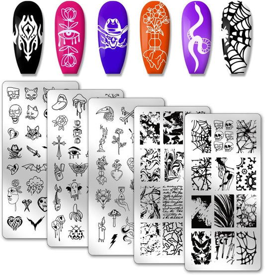 PH PandaHall 5pcs Punk Style Nail Stamper, Skull Spider Nail Stamping Plate Nail Art Stencils Print Nail Stencils Stainless Steel Nail Image Plates for Christmas Nail Art Design Print Manicure Salon