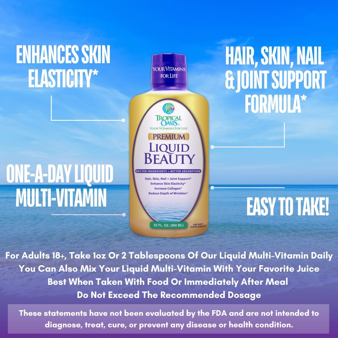 Tropical Oasis - Liquid Beauty | Supplement for Hair, Skin, & Nail Growth - Biotin + Hydrolyzed Collagen (32 Servings)