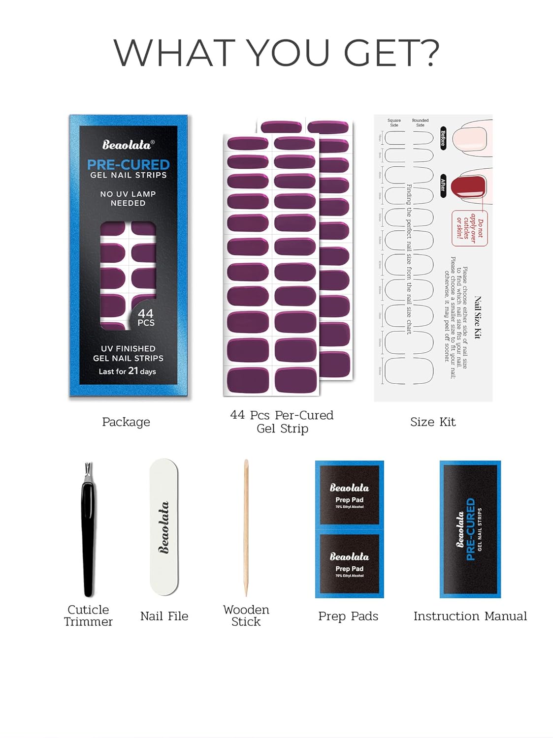 Pre Cured Gel Nail Strips - 44PCS Salon Quality Gel Nail Stickers - Long Lasting Polish Wraps for Women no UV Light Needed Easy Apply& Remove (Fudge Purple）