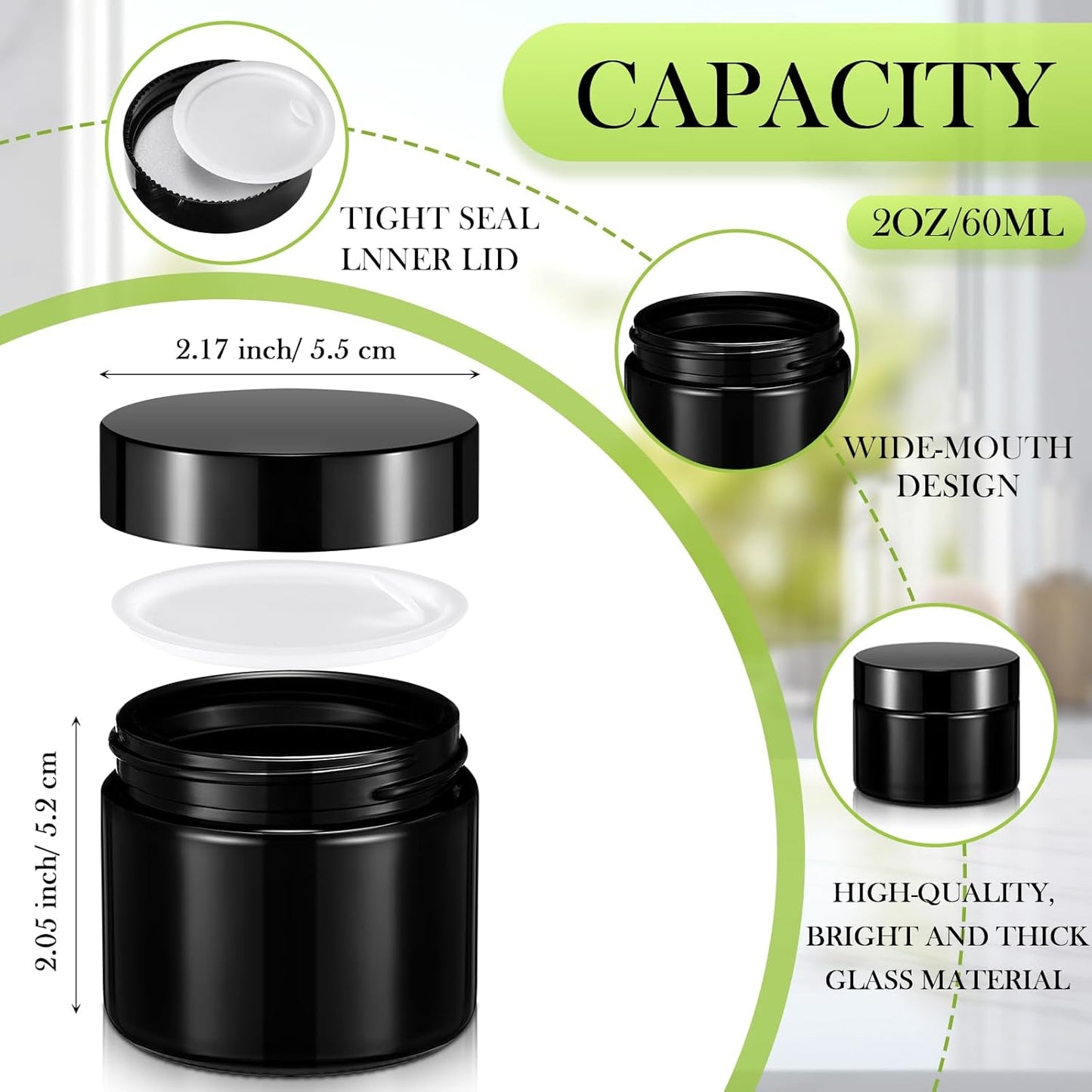 Domensi 48 Pcs 2 oz Glass Jars with Lids Travel Size Round Leakproof Empty Cosmetic Jars with Inner Liners Lid for Storing Makeup Lotions Face Cream Ointments Candle DIY Making (Black)