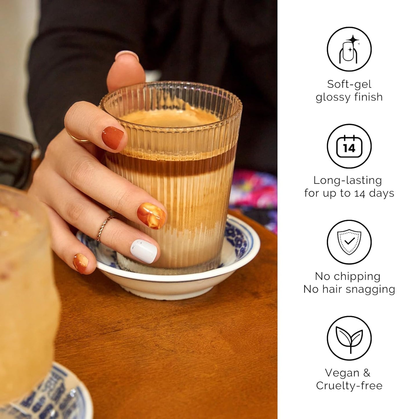 NAILOG Semi Cured Gel Strips - 34 Pcs Nail Stickers Buy 2 Get 1 UV Light | Long Lasting Wraps With Glossy Gel Finish Reddish Brown, Milk Tea