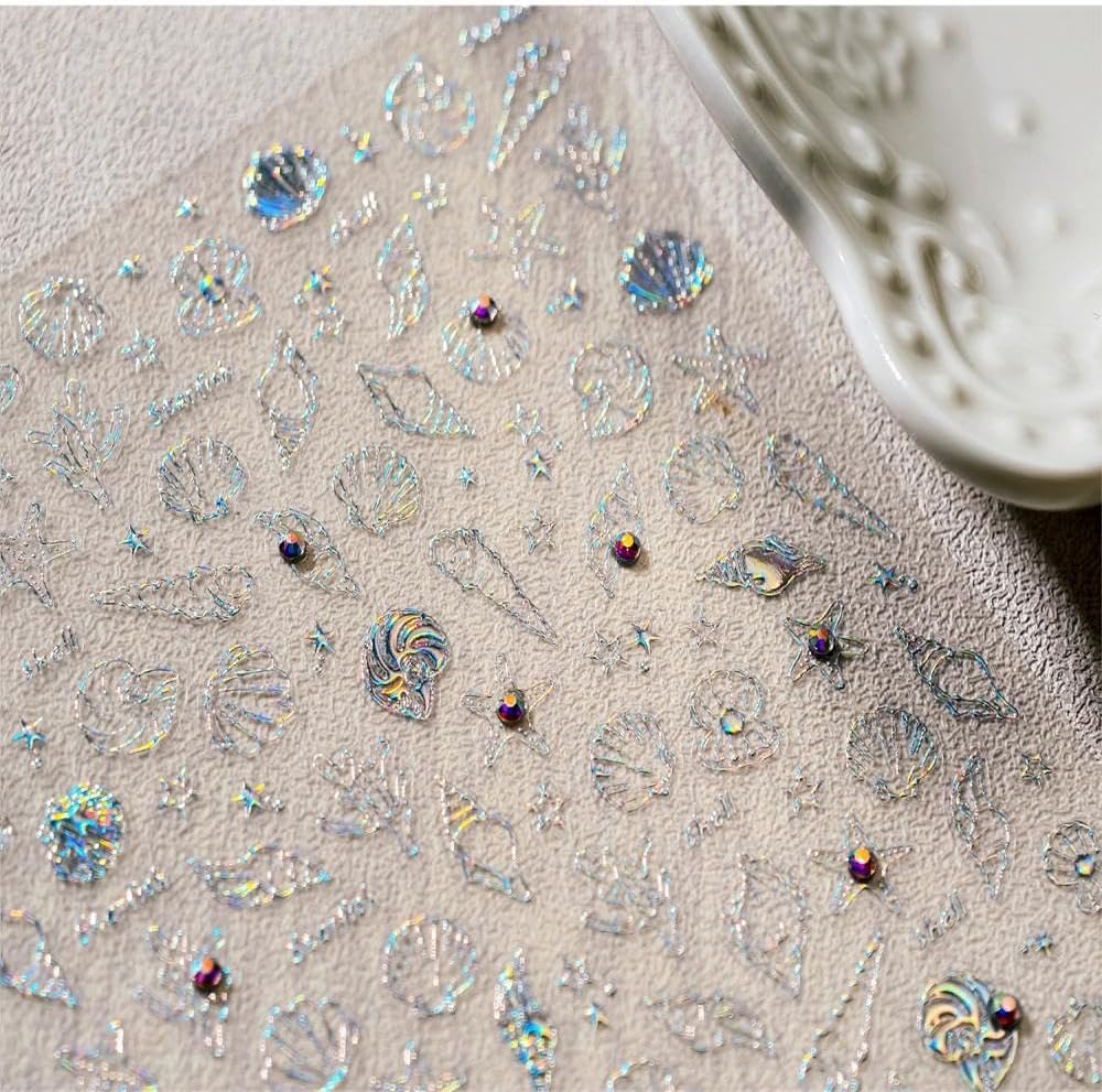 Aurora Ocean Nail Stickers Pearl Shell Conch Nail Designs Starfish Nail Decals 5D Embossed Silver Star Beach 3D Self-Adhesive Summer Nail Art Decoration for Women DIY Manicure 2 Sheets