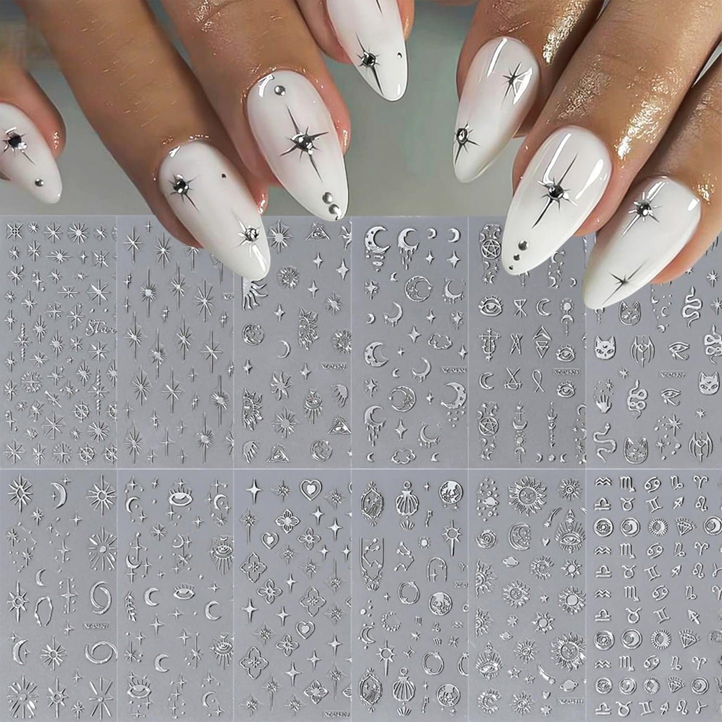 12 Sheets Silver Nail Art Stickers Decals Star Moon Nails Stickers for Nail Art Self-Adhesive Snake Nails Decal