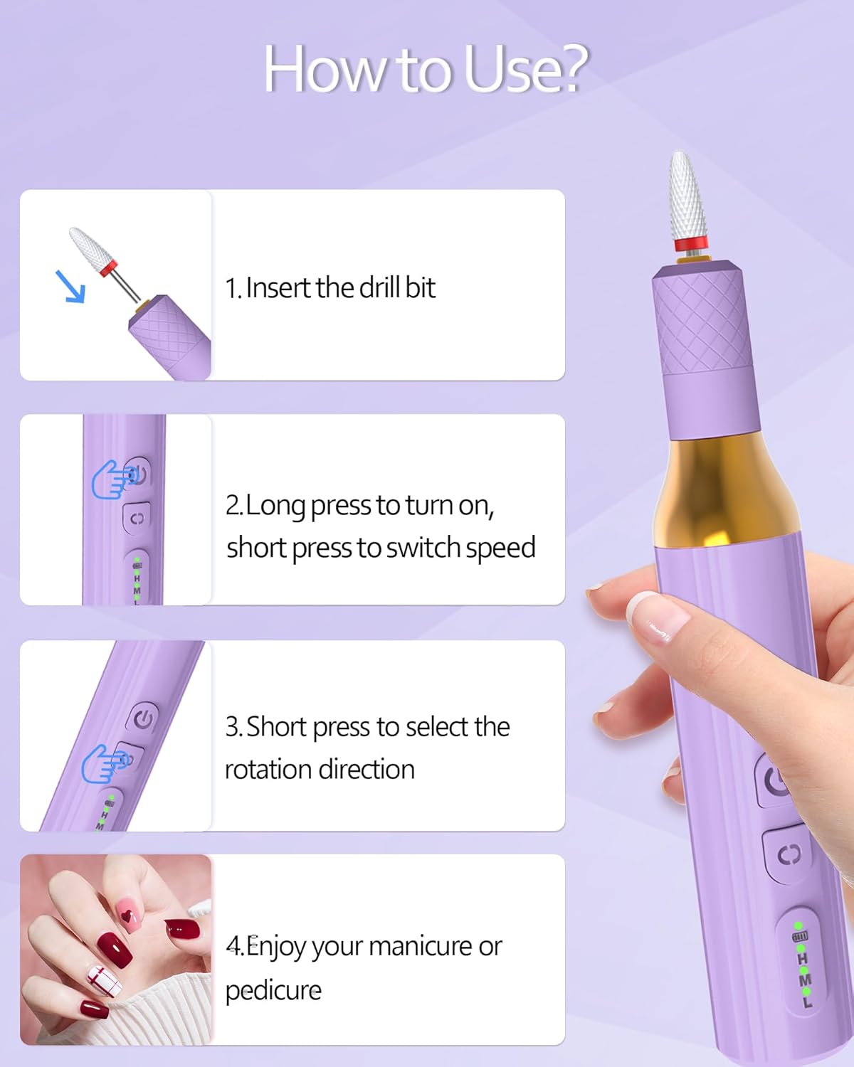 Nail Drill,Cordless Electric Files for Gel Nails E-File Manicure Kit Women Rechargeable Cordless Drill para Uñas Profesional Machine Grinder Acrylic Purple