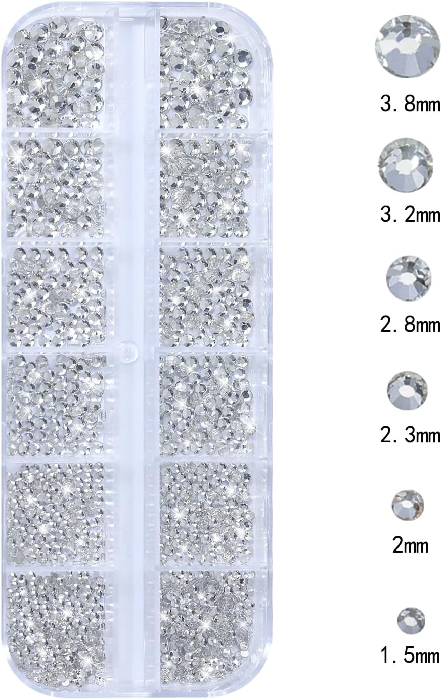 Nail Rhinestones - 3D Multi Shape Size, Flat Back, Manicure Rhinestones Charms, Crystals White Gems, with Kit, for Nail Art, Bedazzling Acrylic Nails, DIY Decor