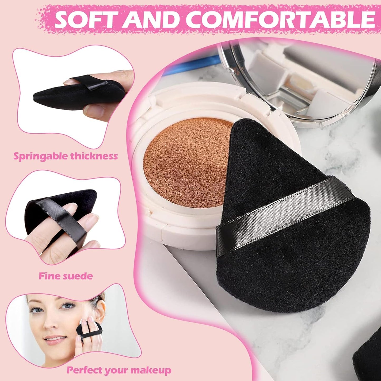 24 Pieces Powder Puff Face Triangle Powder Puff Soft Velour Makeup Puff Velour Puffs for Face Wet and Dry Cosmetic Foundation,Body Powder Blender Loose Mineral Powder Makeup Tool(Black,24 Pcs)