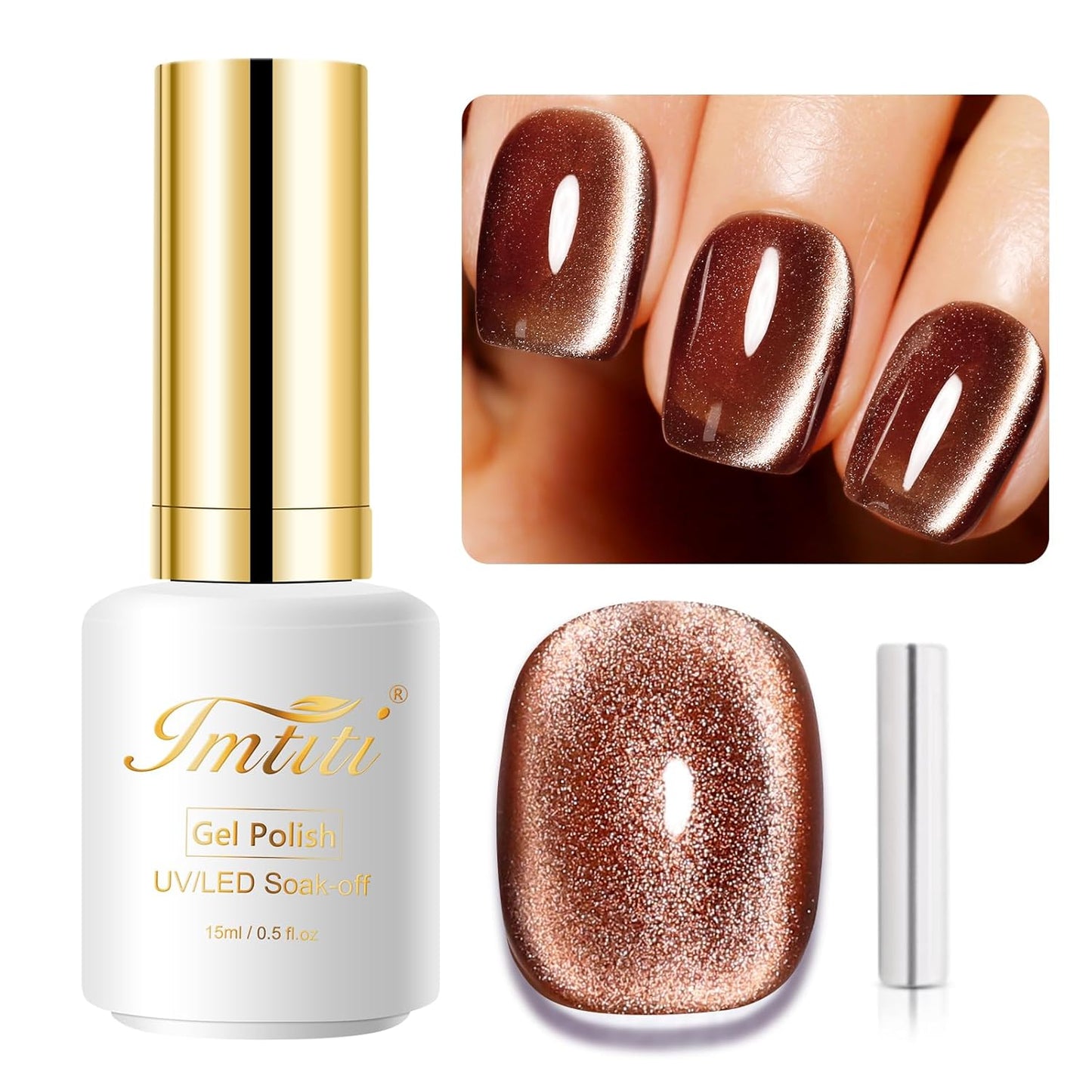 Imtiti Brown Cat Eye Gel Nail Polish, 0.5fl oz Holographic 9D Cat Eyes Glitter Magnetic Gel Polish UV Gel Nail Polish with Magnetic Stick for Nail Salon