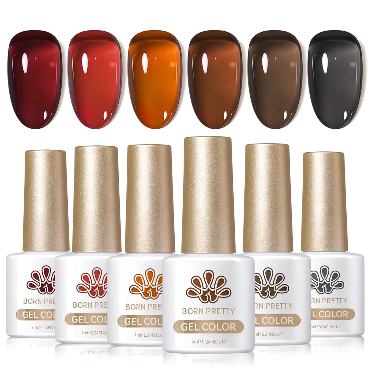Born Pretty Jelly Gel Nail Polish Fall Winter Amber Crystal Brown Orange Burgundy Red Black Gel Polish Transparent Translucent Clear Nail Art Manicure DIY Home Salon 6PCS