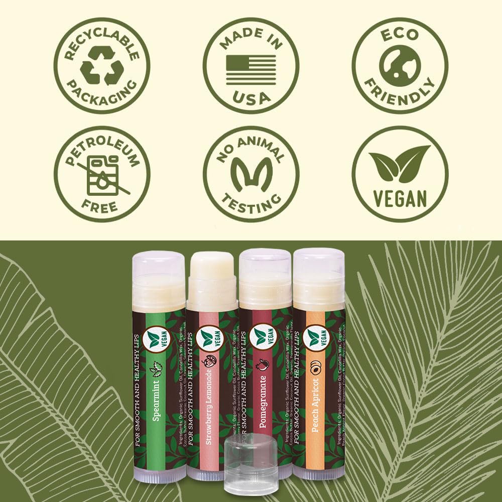Earth's Daughter Vegan Lip Balm 4-pack, Beeswax Free Lip Balm, Natural, Organic Flavors - Assorted Flavors, Plant Based Vegan Chapstick, Moisturizer