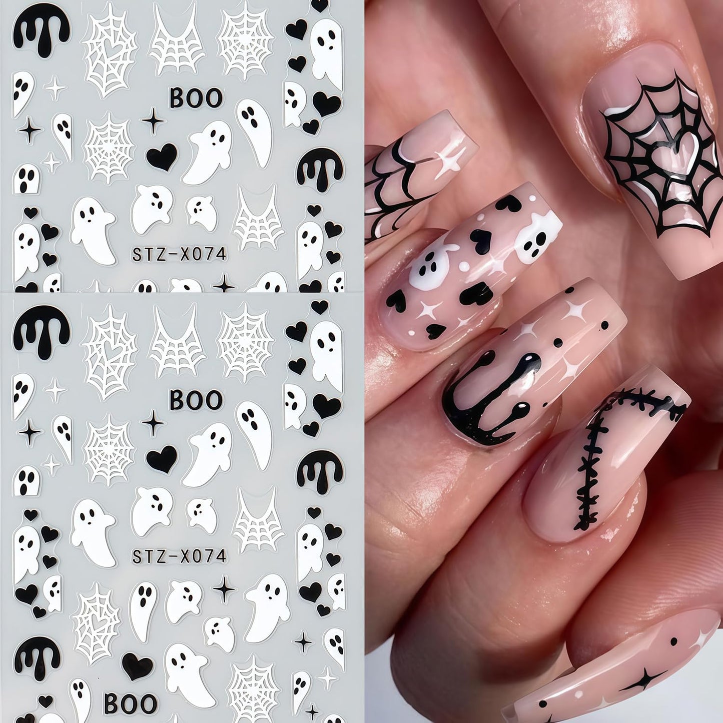 6 Sheets Halloween Nail Stickers, Spider Nail Art Stickers 3D Self-Adhesive White Black Spider Web Blood Heart Star Spiders Ghost Nail Decals Holiday Sticker for Halloween Party DIY Nails Decoration