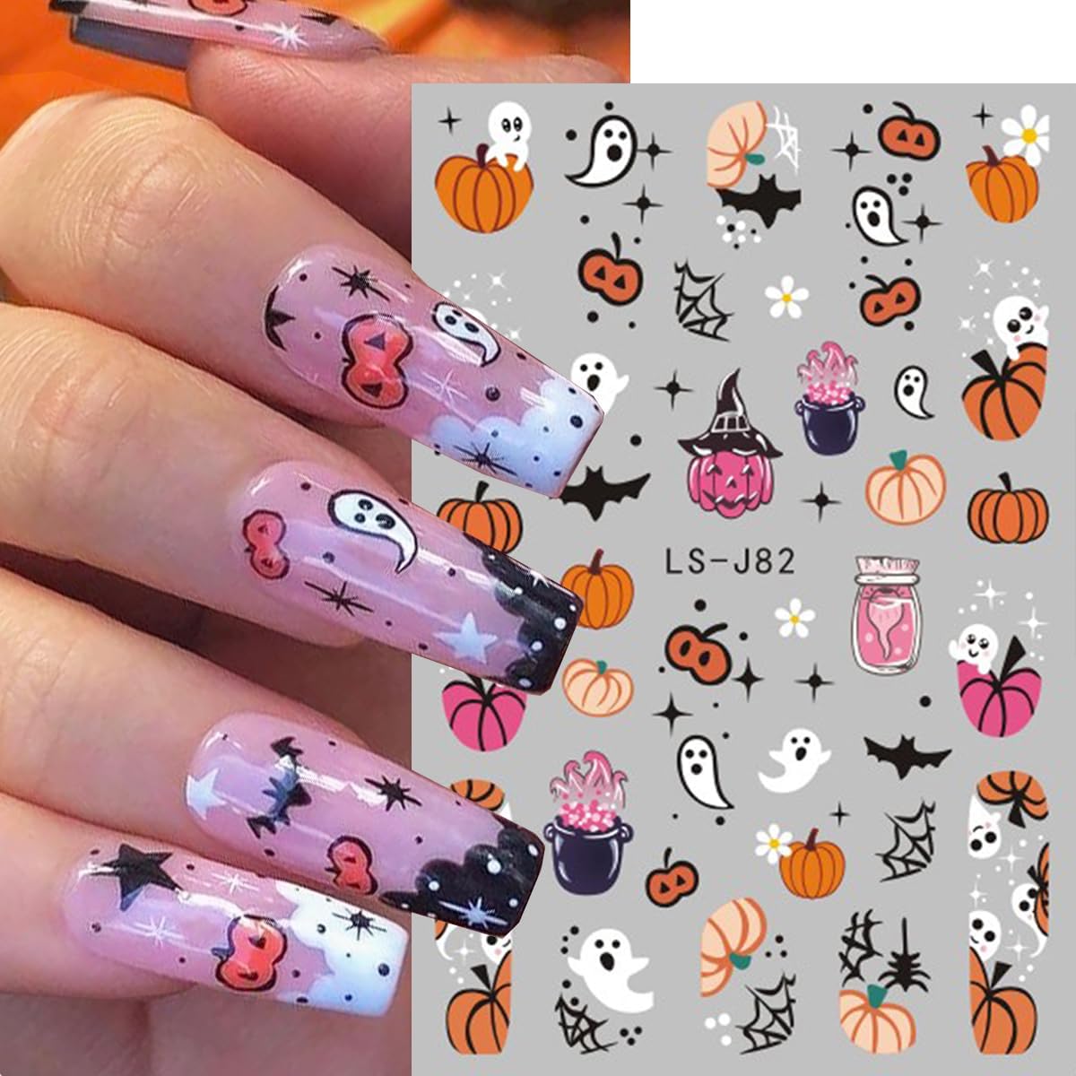 Halloween Nail Sticker Pumpkin Nail Decals Ghost Nail Art Stickers Bat Cat Spider Web Star Orange Pink Design Spooky Nail Stickers for Nail Art Holiday DIY Manicure Supplies for Women 6 Sheets