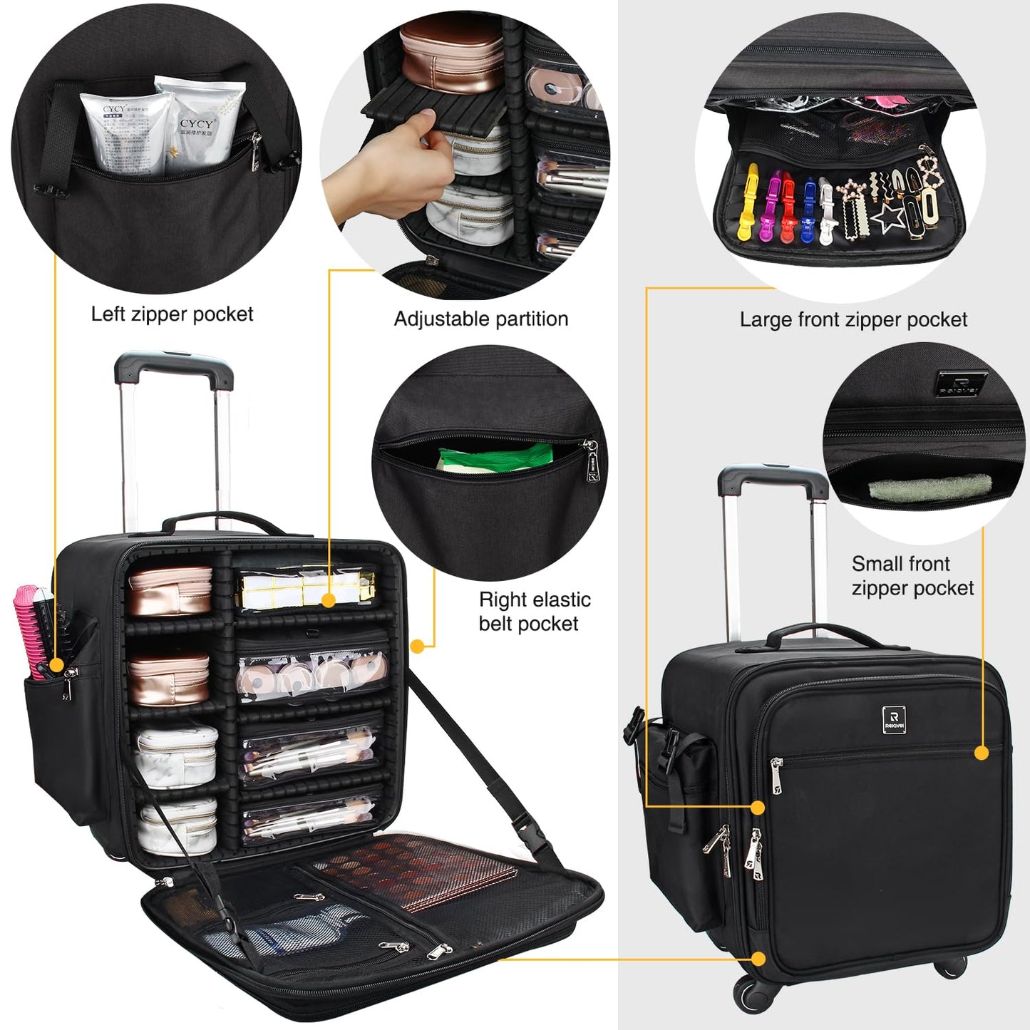 Relavel Rolling Makeup Case Professional Makeup Train Case Makeup Artist Travel Organizer 4 in 1 with Detachable Cosmetic Case and Dual Makeup Brush Case and Wheels (Black, 4-Pack)