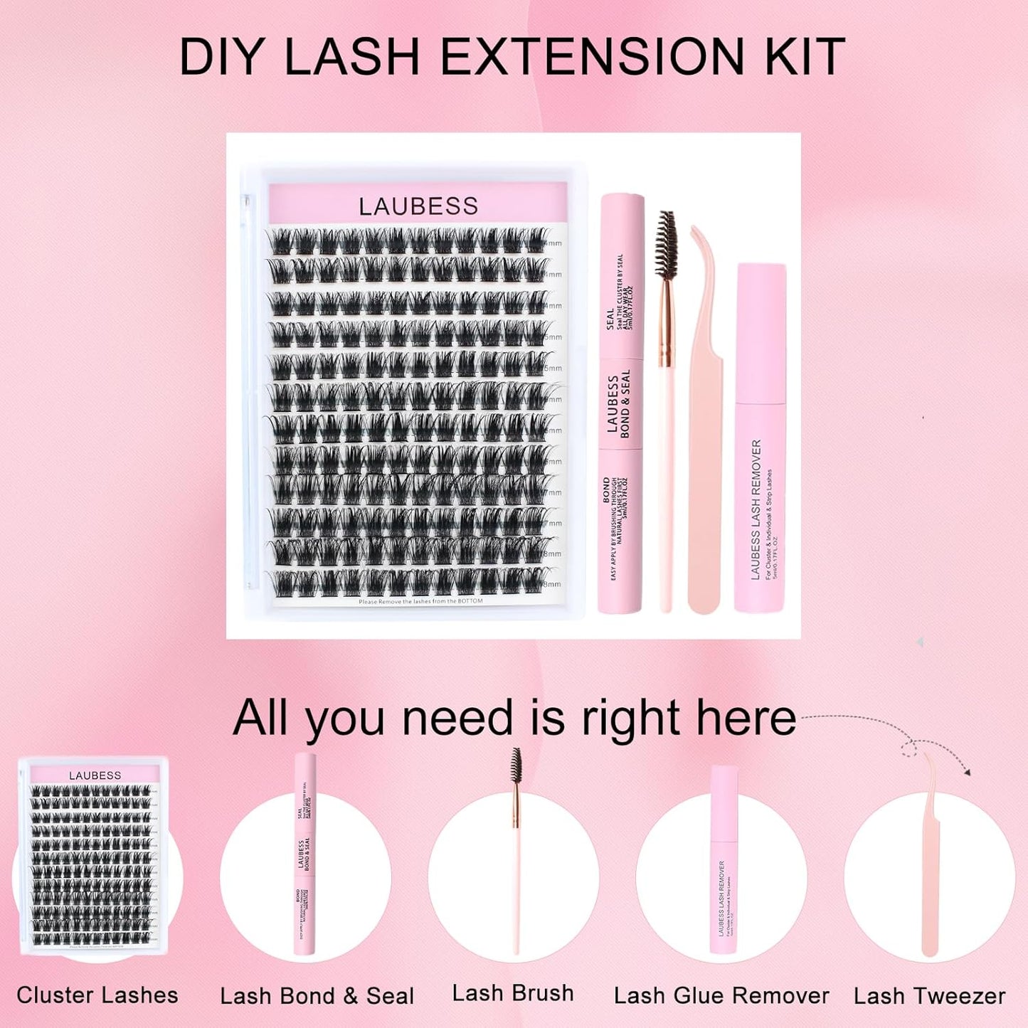 Lash Clusters Kit LAUBESS DIY Lash Extension Kit Lash Bond and Seal Waterproof Lash Glue Remover Tweezers Brush Cluster Eyelash Extensions Kit Eyelash Clusters (Kit 01-D-Mix8-14)