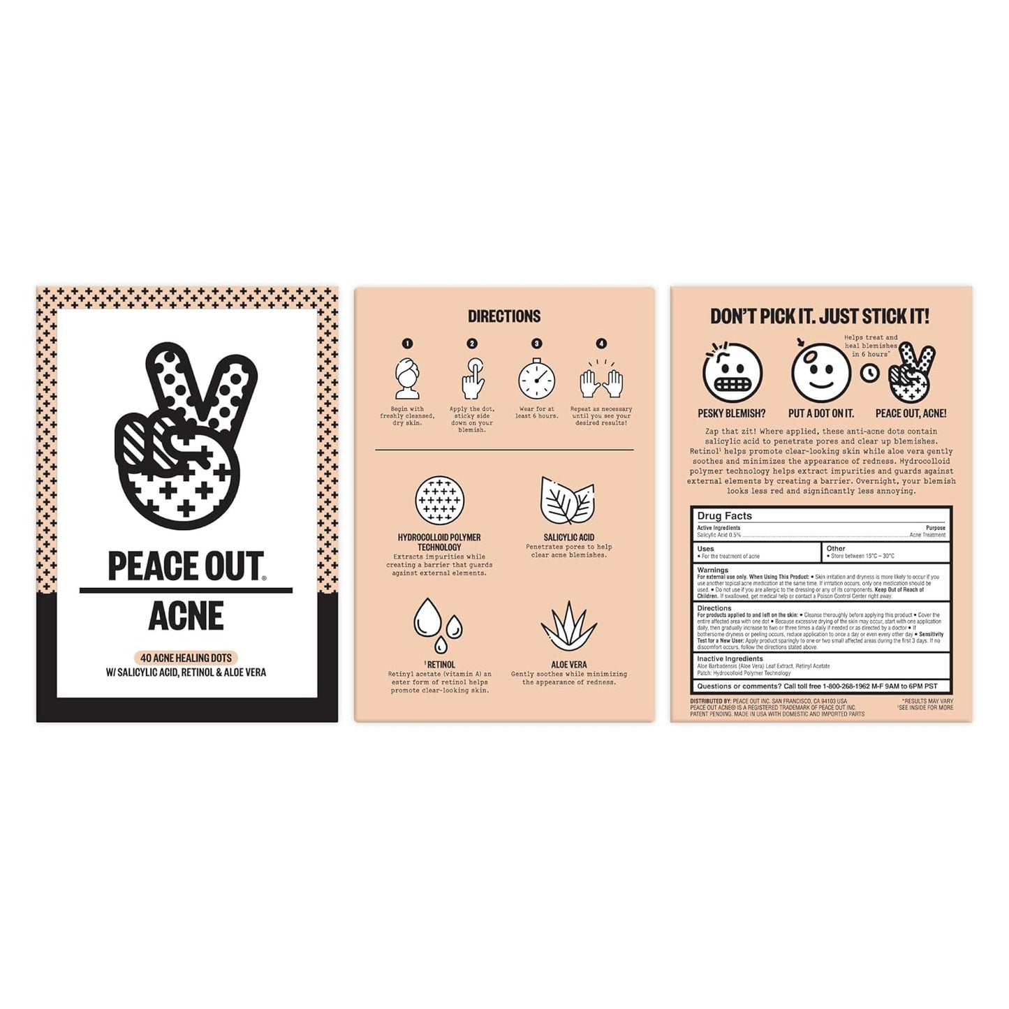 PEACE OUT Acne Healing Dots Helps Clear Blemishes Overnight, Fast Acting Hydrocolloid Pimple Patches for Breakouts with Salicylic Acid, Retinol and Aloe Vera, Award Winning Skincare Solution 40 Count