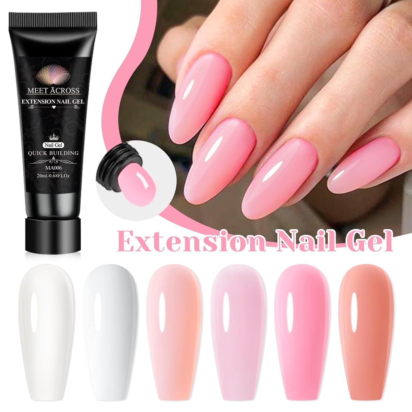 MEET ACROSS Poly Nail Gel Set - 6 Neutral Colors for Extension Nails, Long Lasting, Natural-looking, Strong Builder Enhancement for Salon Manicure DIY at Home 20ML Clear White Nude Pink