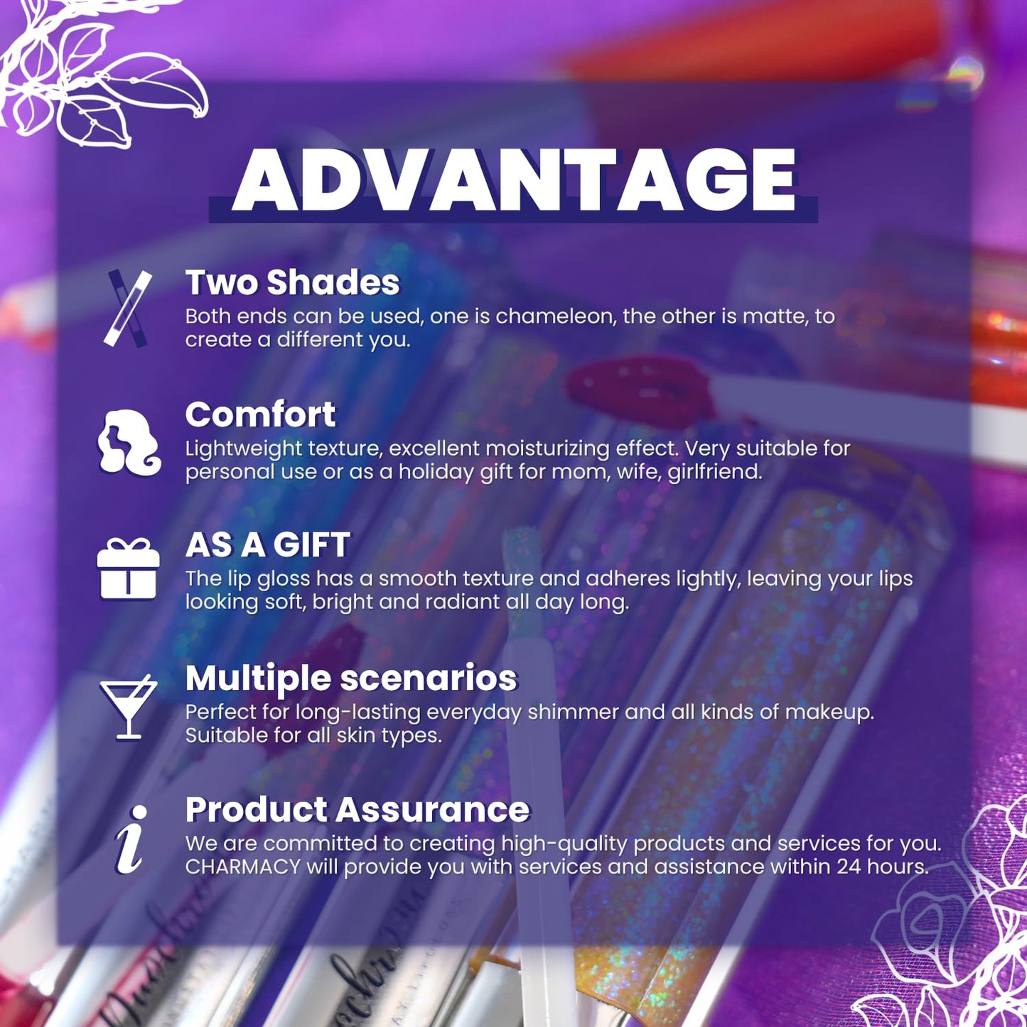 CHARMACY Multichrome Double Head Non-Stick Lip Gloss, Metallic Colourful Lip Glaze, Anti-transfer, Long Lasting Waterproof Liquid Lipstick Makeup (#08)