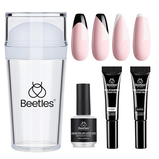 Beetles French Tip Tool: Stamp Gel Silicone Nail Stamp Kit with Long Silicone Stamper, Peel off Cuticle Guard and Nail Stamper Gel Polish, Soak off Uv Led Lamp Manicure Gifts for Women