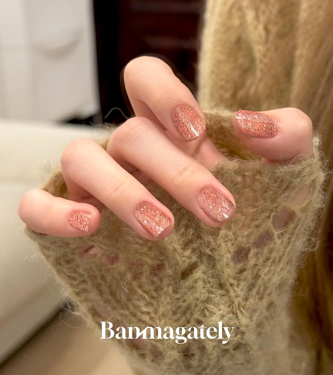 Nail Polish Strips, 20Pcs Salon Quality Gel Nail Stickers, Easy Long Lasting Wraps for Short Nails no UV Light Needed (Glitter Cinnamon)