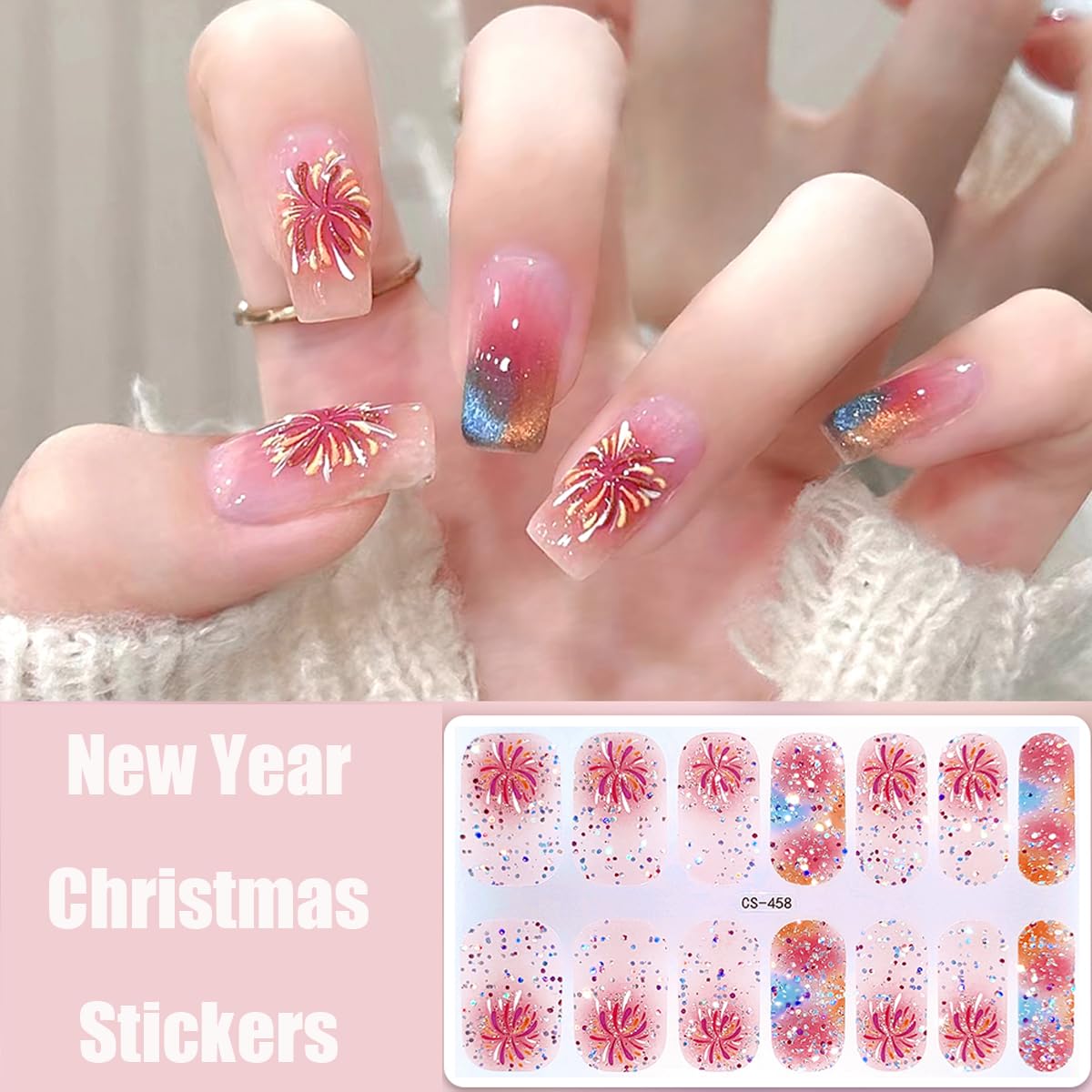 Christmas Nail Stickers - Glitter Firework Nail Wraps, 3D Winter Gel Polish Strips, New Year Full Wrap Designs, Self-Adhesive Shiny Gradient Decals for Women, 6Pcs