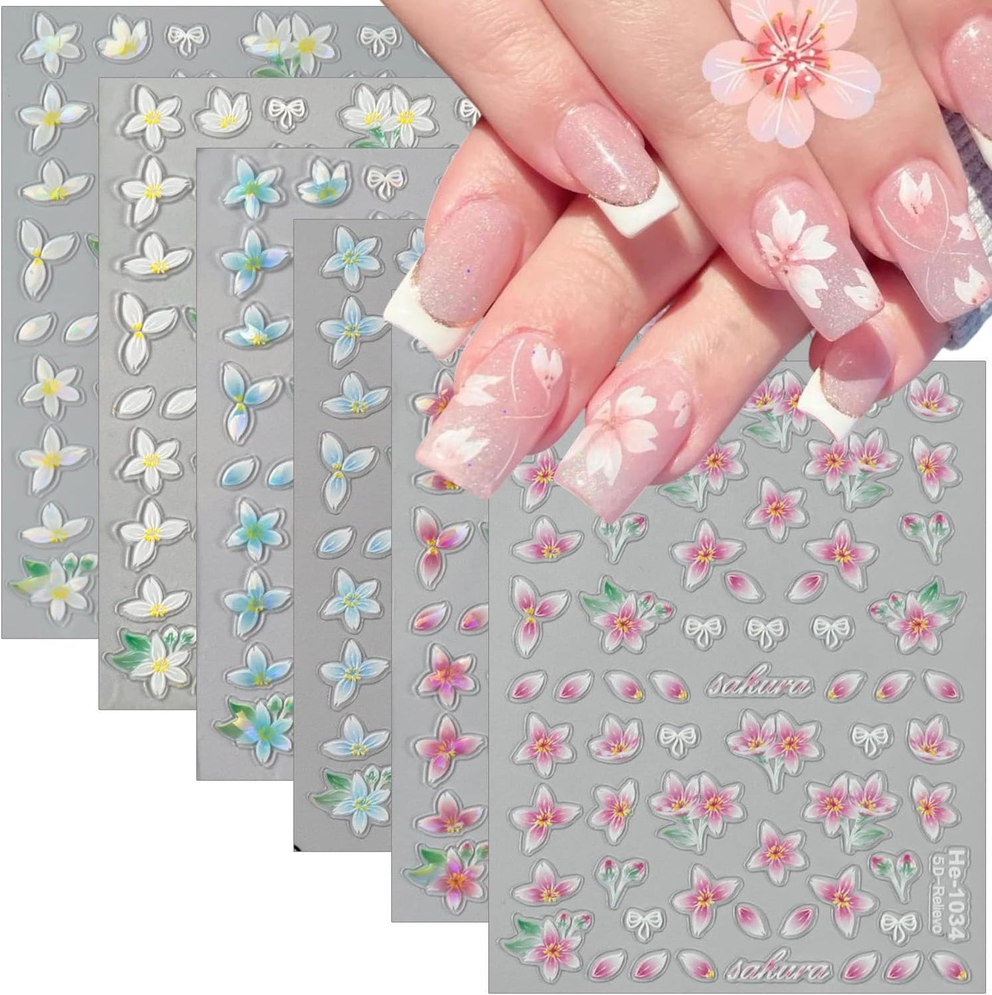 Flower Nail Art Stickers Decals Spring Relief Lily Floral Nail Decals Pink White Blue Self-Adhesive Design Flowers Nails Stickers 5D Embossed Nail Art Supplies for Women Girls Summer Nail Decorations
