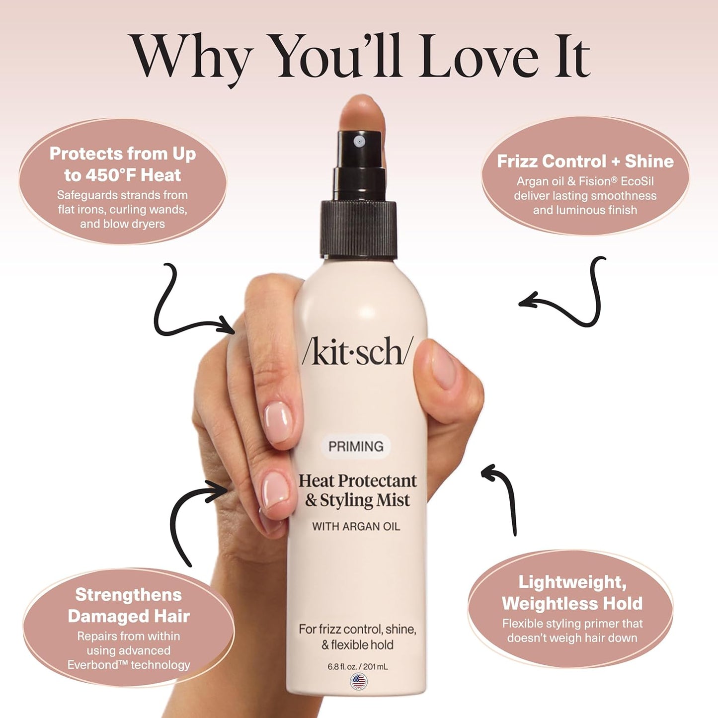 Kitsch Heat Protection Spray for Hair – Heat Protectant for Hair with Argan Oil – Styling Hair Spray for Frizz Control, Shine & Damage Protection – Protects Strands Up to 450°F – 6.8oz