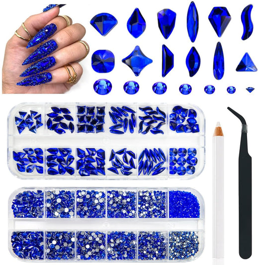 4080Pcs Blue Rhinestones Sapphire Nail Stones Multi Shapes K9 Glass Flatback Royal Blue Crystals Gems Diamonds jewels Nail Art Supplies Charms Decor for Nails Face Eyes Makeup Body DIY Crafting