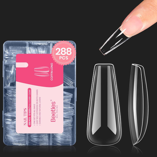 Beetles Gel Nail Tips Long Coffin Pre-Etched Nail Tips, 12 Sizes 288Pcs Pre Shaped Soft Gel Clear Nail Full Cover False Nail Tips Acrylic Glue on Nails Extension Fake Nails Manicure Gifts for Women
