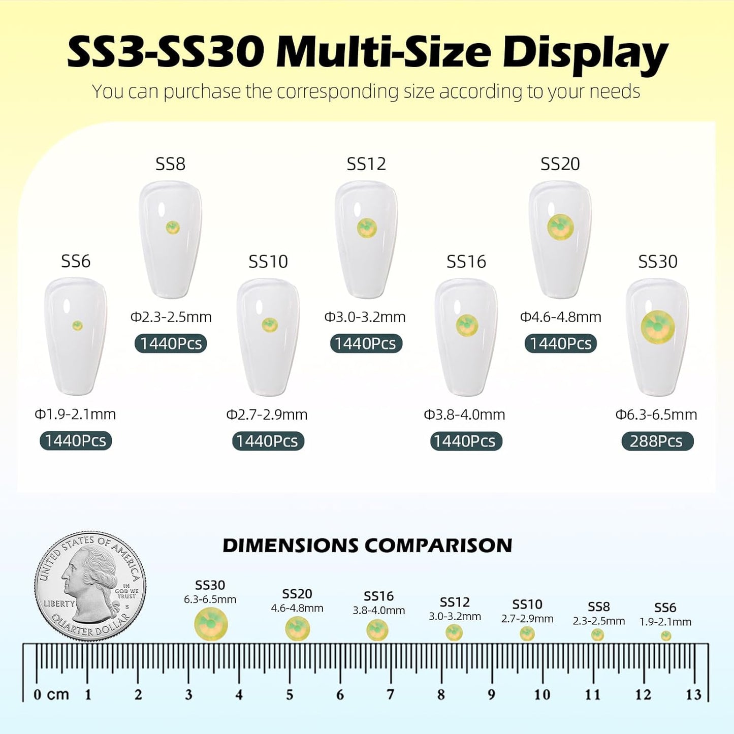 F Yellow Flatback Rhinestones, Glass Rhinestones for Nail Art and Craft, Glue Fix, Loose Crystal Gemstones(F Yellow, SS10, 1440pcs, 2.7-2.8mm)