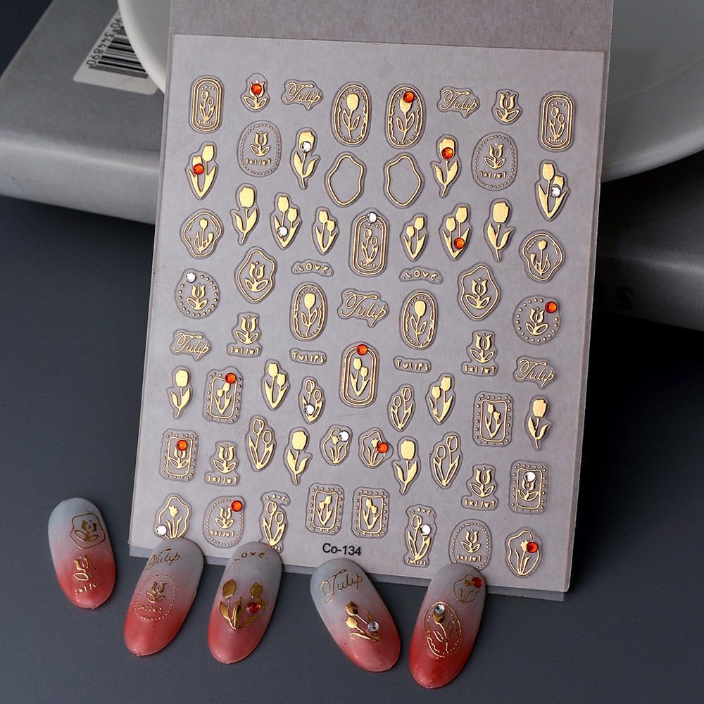 Gold Nail Stickers Flower Nail Decals for Nails Art Tulip Nail Art Stickers with Rhinestone Design 5D Embossed Self Adhesive Nail Decals for Women Girls Kid Manicure DIY Decoration Supply Charms