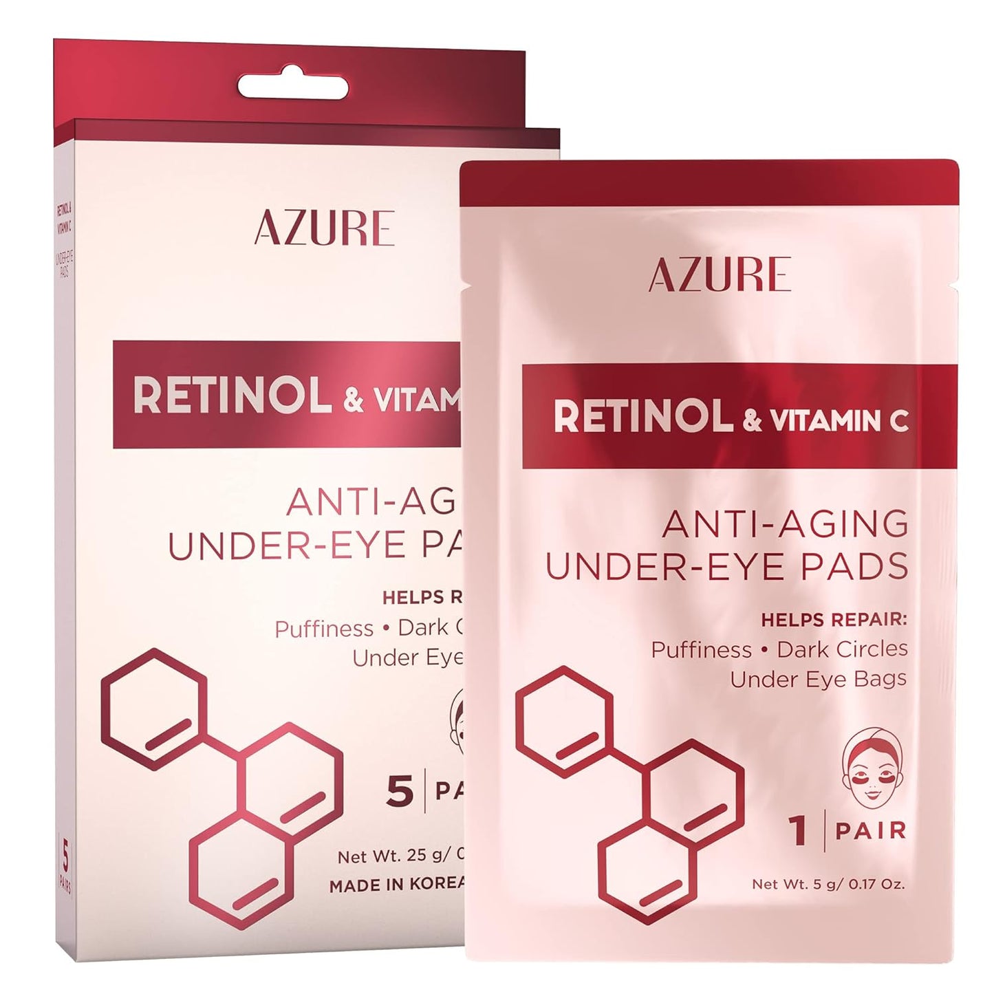 AZURE Retinol & Vitamin C Anti Aging Under Eye Pads - Hydrating & Refreshing Eye Mask Patches - Reduces Fine Lines, Wrinkles, Dark Circles & Puffiness - Skin Care Made in Korea - 5 Pairs