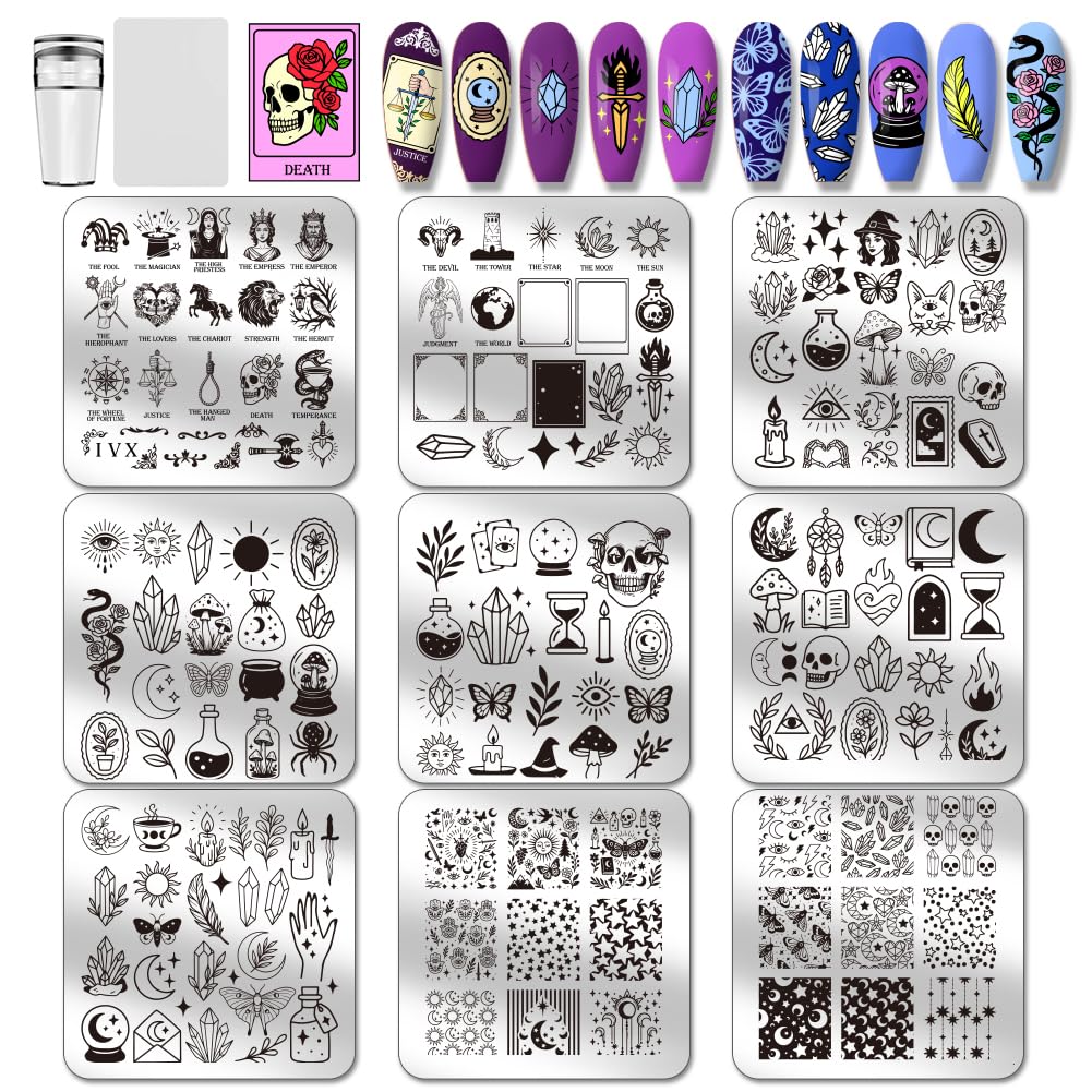 PH PandaHall 9pcs Magic Elements Nail Stamping Plates Tarot Cards Nail Art Designs Moon Star Manicure Art Templates with Stamper and Scraper for Women Halloween Manicures Salon Printing