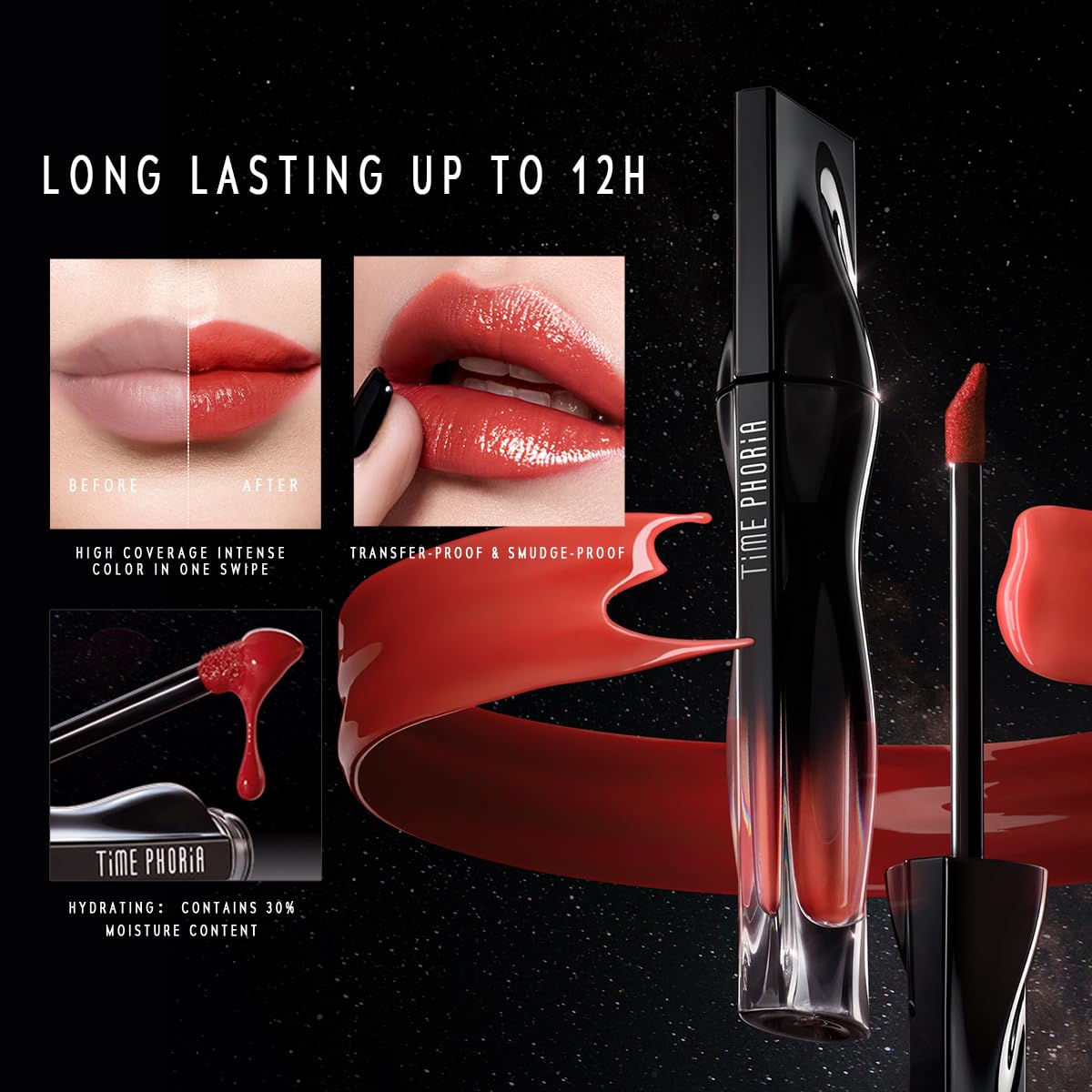 STELLAR DUST LIP STAIN-Long Lasting, Waterproof and Transferproof Lip Tint, Glossy Finish Lip Gloss, Lightweight Lipstick, High Coverage, Vivid Color (12)