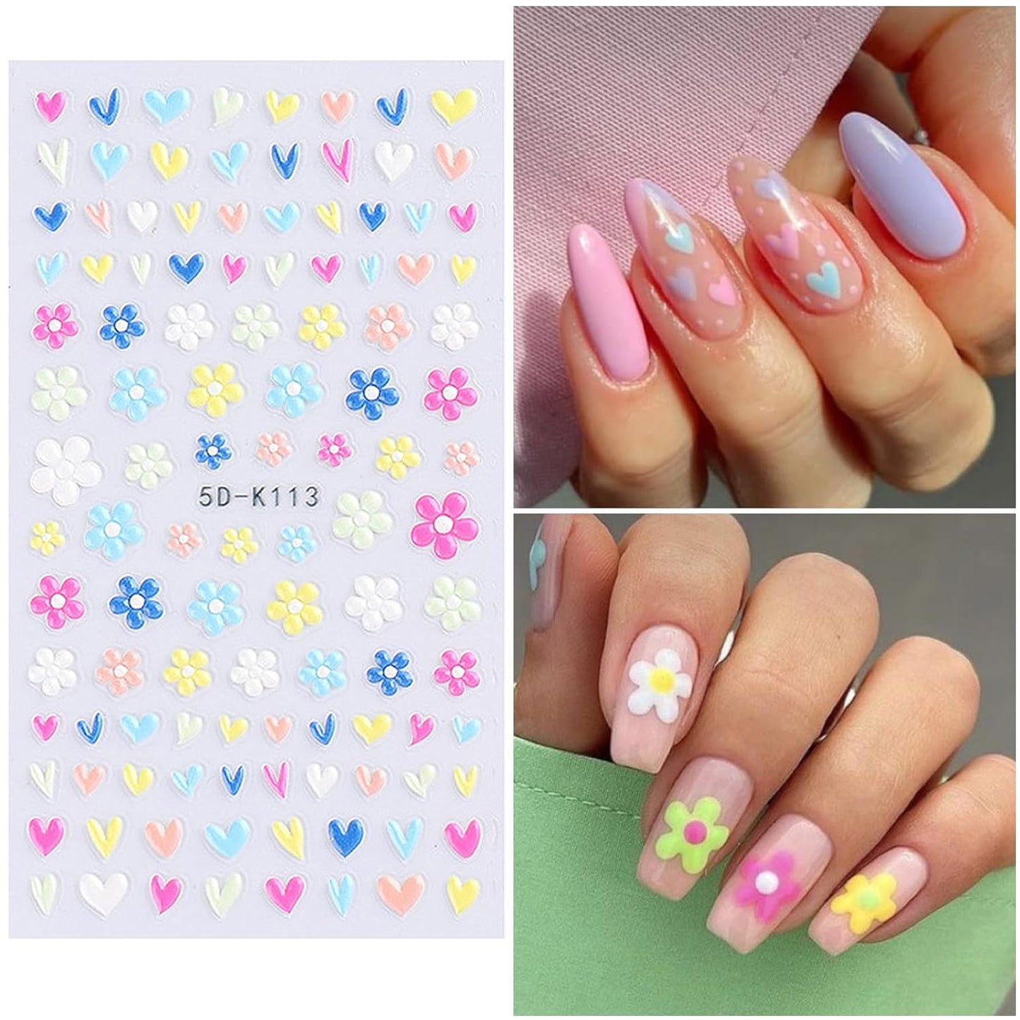 Flower Nail Art Stickers Decals 5D Embossed Nail Decals Spring Summer Daisy Nail Art Design Self-Adhesive Nail Supplies Accessories 3D Flower Nail Stickers for Women Nail DIY Decoration