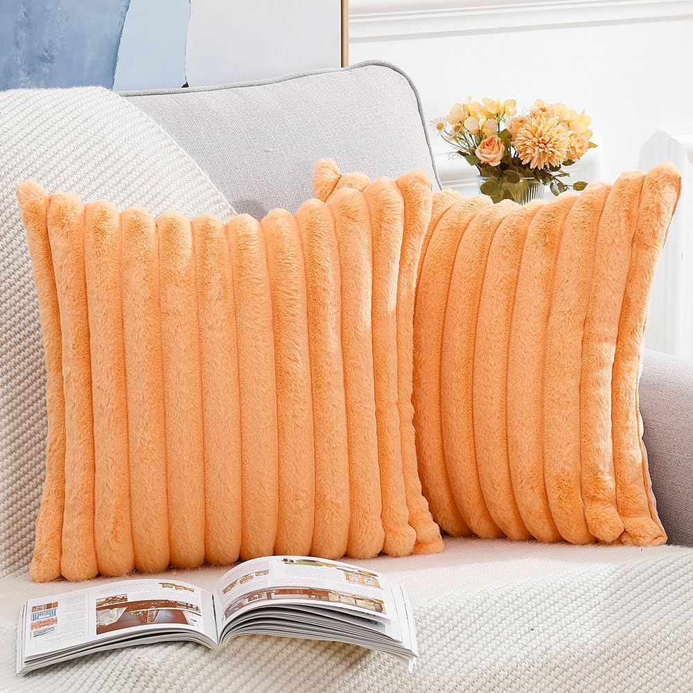 MADIZZ Set of 2 Faux Wool Plush Decorative Throw Pillow Covers 20x20 Inch Orange Fluffy Striped Soft Decorative Cushion Cover for Sofa Bedroom Pillow Shell