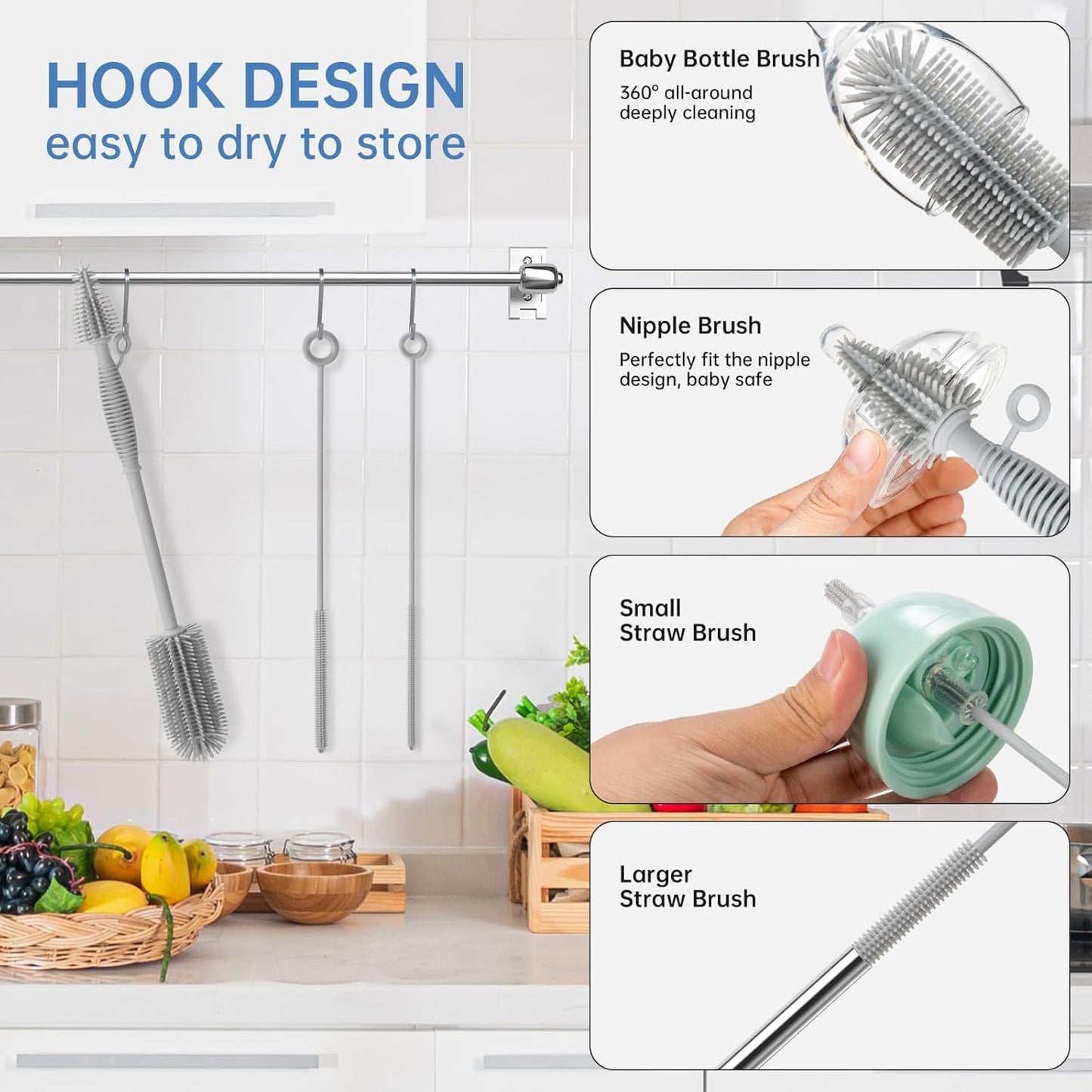 Baby Bottle Brush and Straw Cleaner Brush Set, Extra Long Double-Ended Soft Silicone Brush Cleaner for Baby Bottles, Water Bottles, Cups, Breast Pumps, Detachable & Hangable